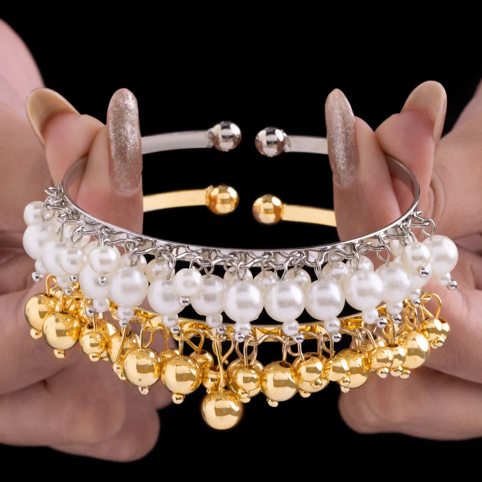 Anti-Tarnish Golden & Pearl Bangle Bracelets Set (Adjustable Size)