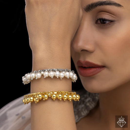 Anti-Tarnish Golden & Pearl Bangle Bracelets Set (Adjustable Size)