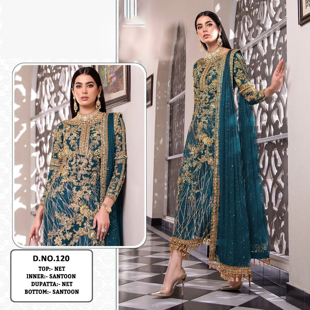 Pakistani Designer Net Embroidered Semi-Stitched Salwar Suit with Diamond & Moti Work