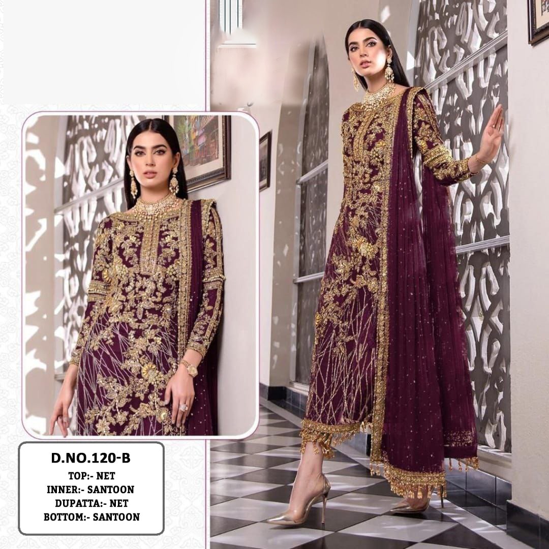 Pakistani Designer Net Embroidered Semi-Stitched Salwar Suit with Diamond & Moti Work