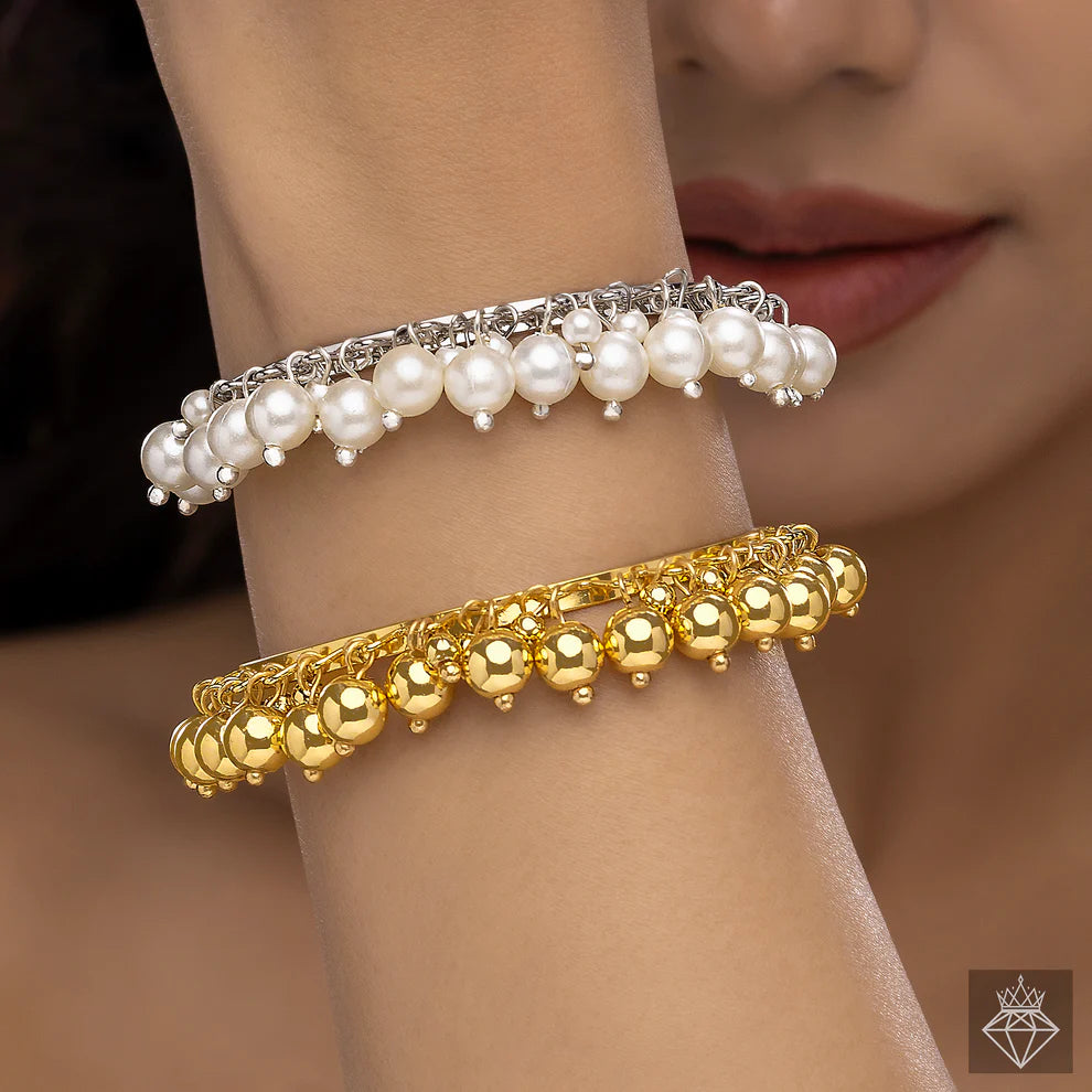 Anti-Tarnish Golden & Pearl Bangle Bracelets Set (Adjustable Size)