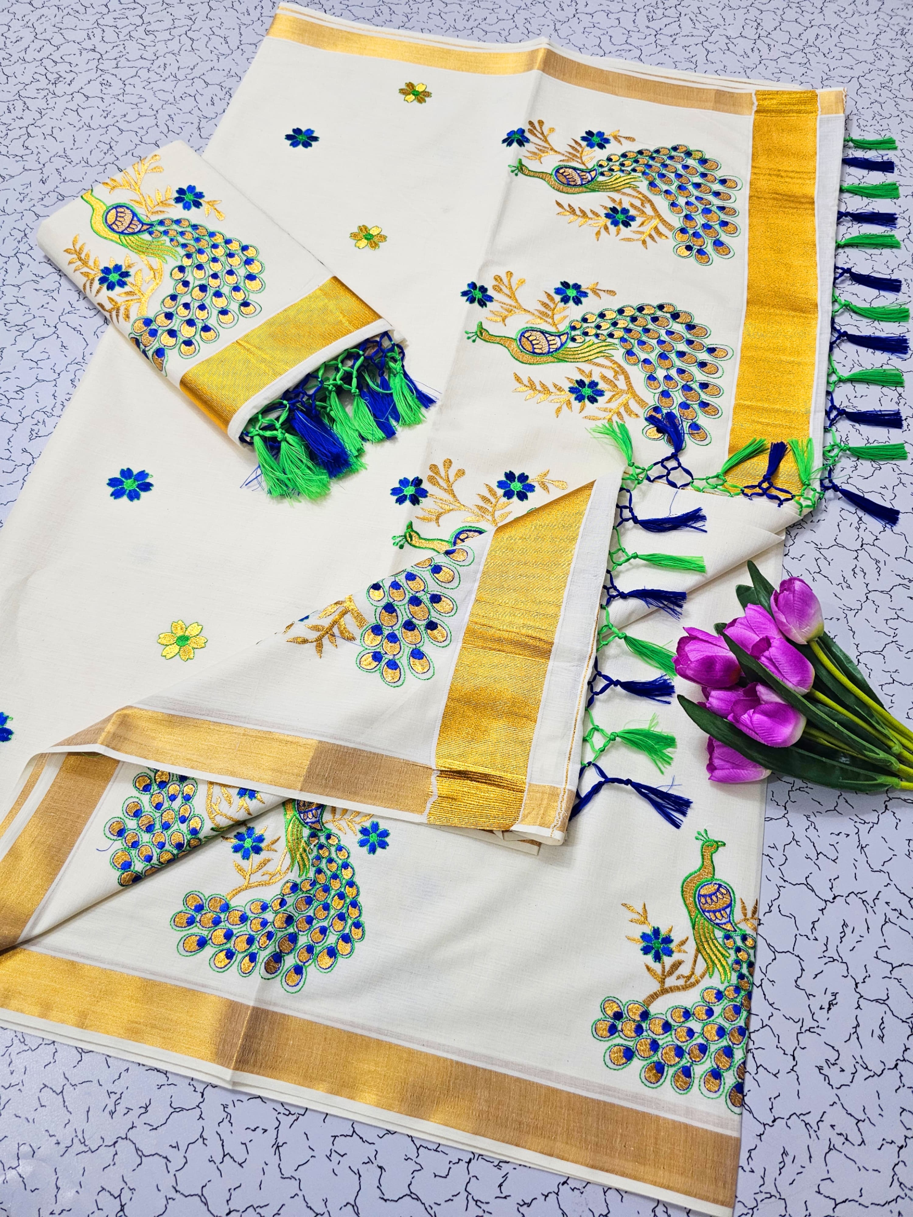 ONAM Special Kerala Kasavu Cotton Saree with Embroidery