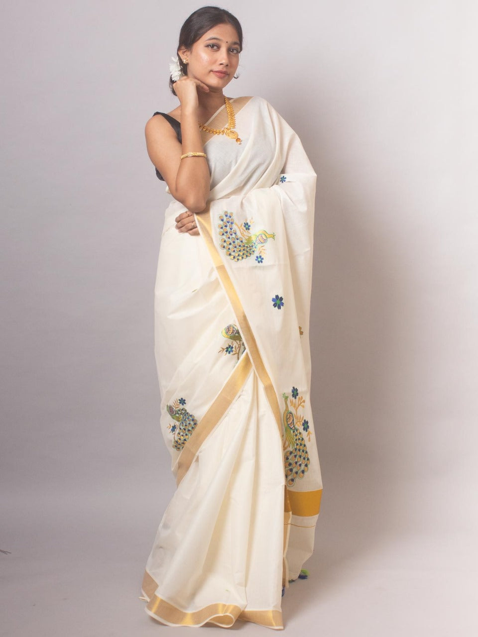 ONAM Special Kerala Kasavu Cotton Saree with Embroidery