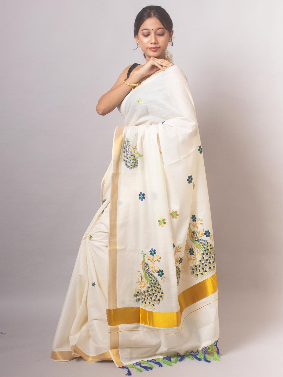 ONAM Special Kerala Kasavu Cotton Saree with Embroidery