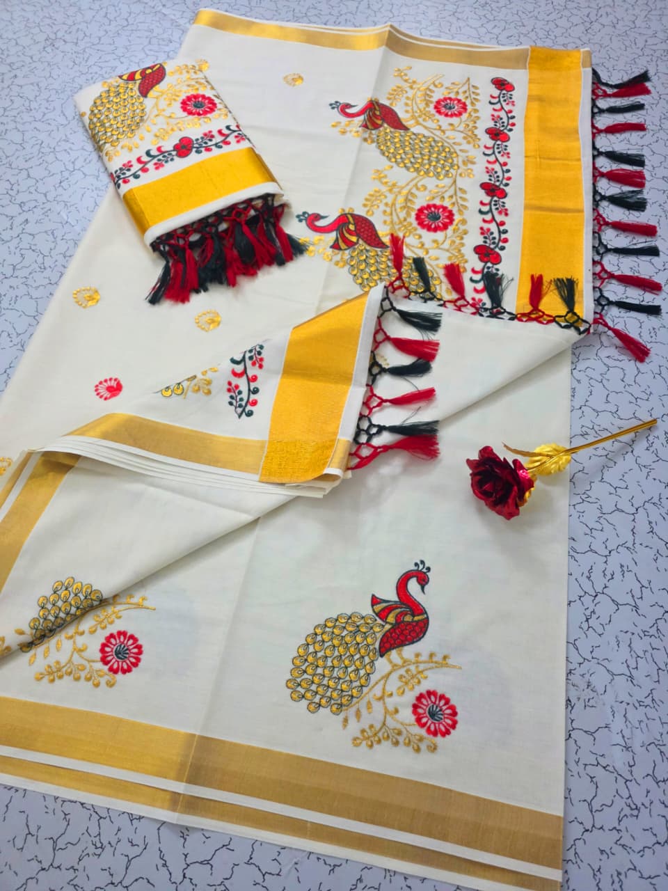 ONAM Special Kerala Kasavu Cotton Saree with Embroidery