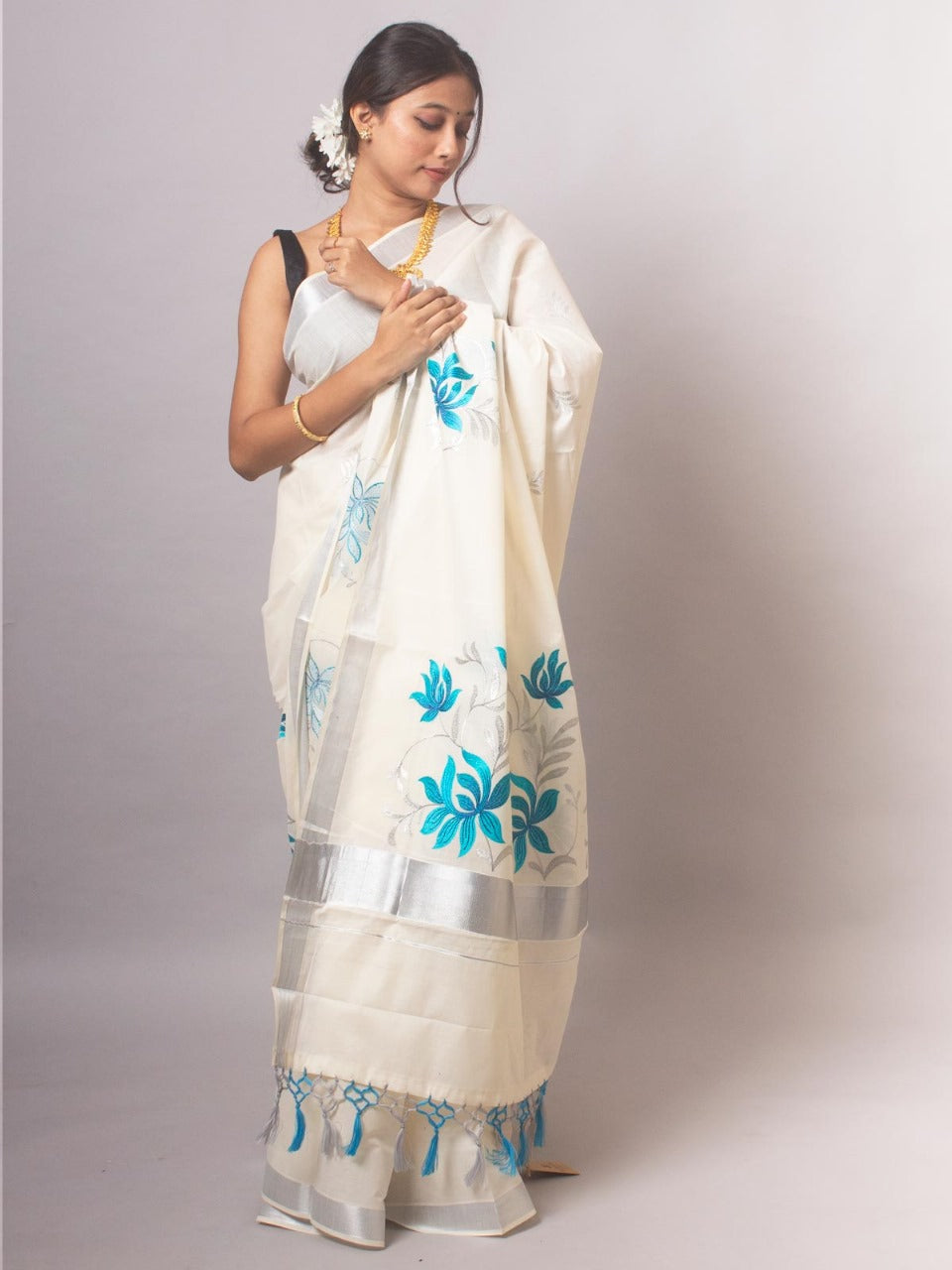 ONAM Special Kerala Kasavu Cotton Saree with Embroidery