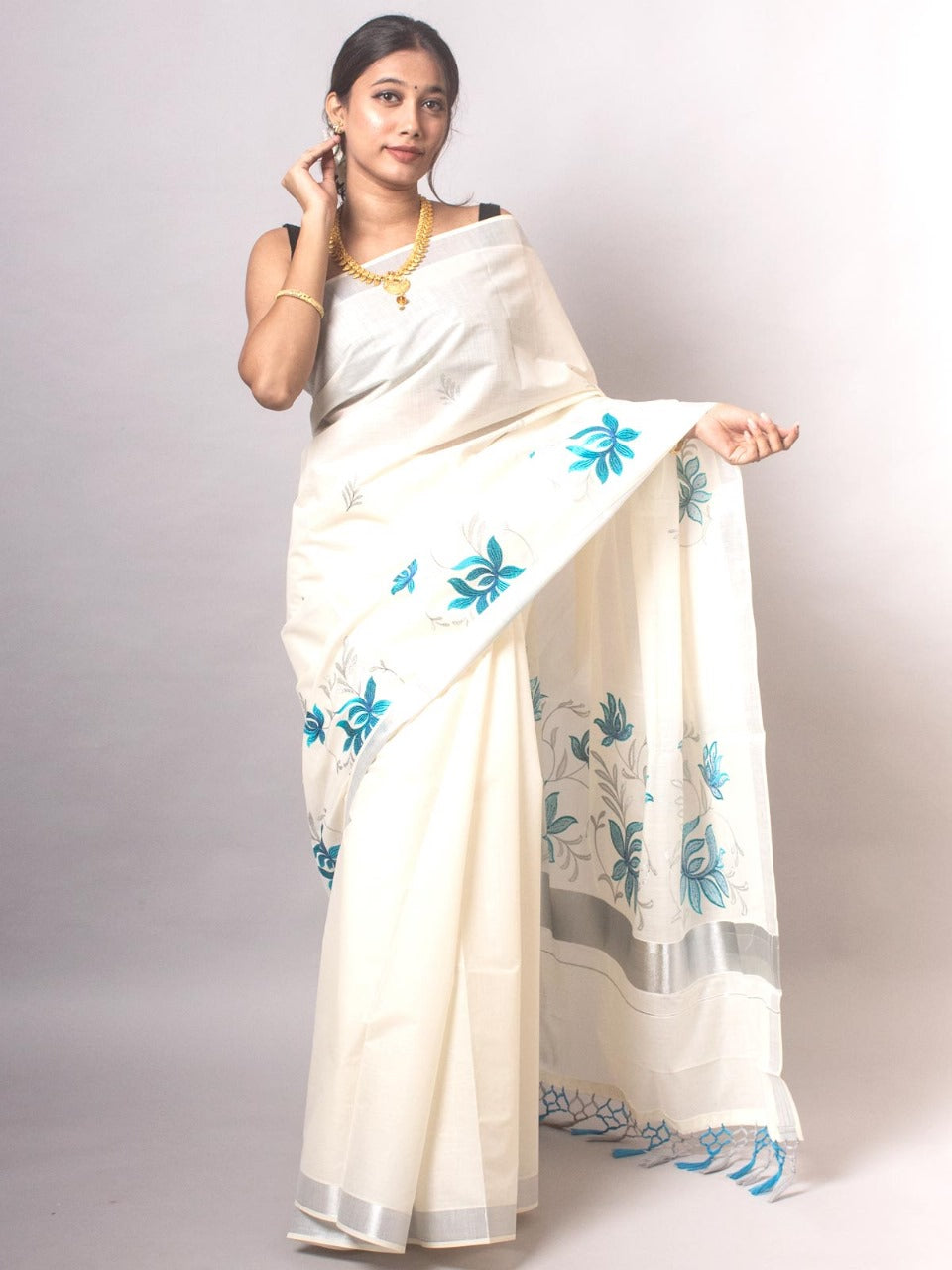 ONAM Special Kerala Kasavu Cotton Saree with Embroidery