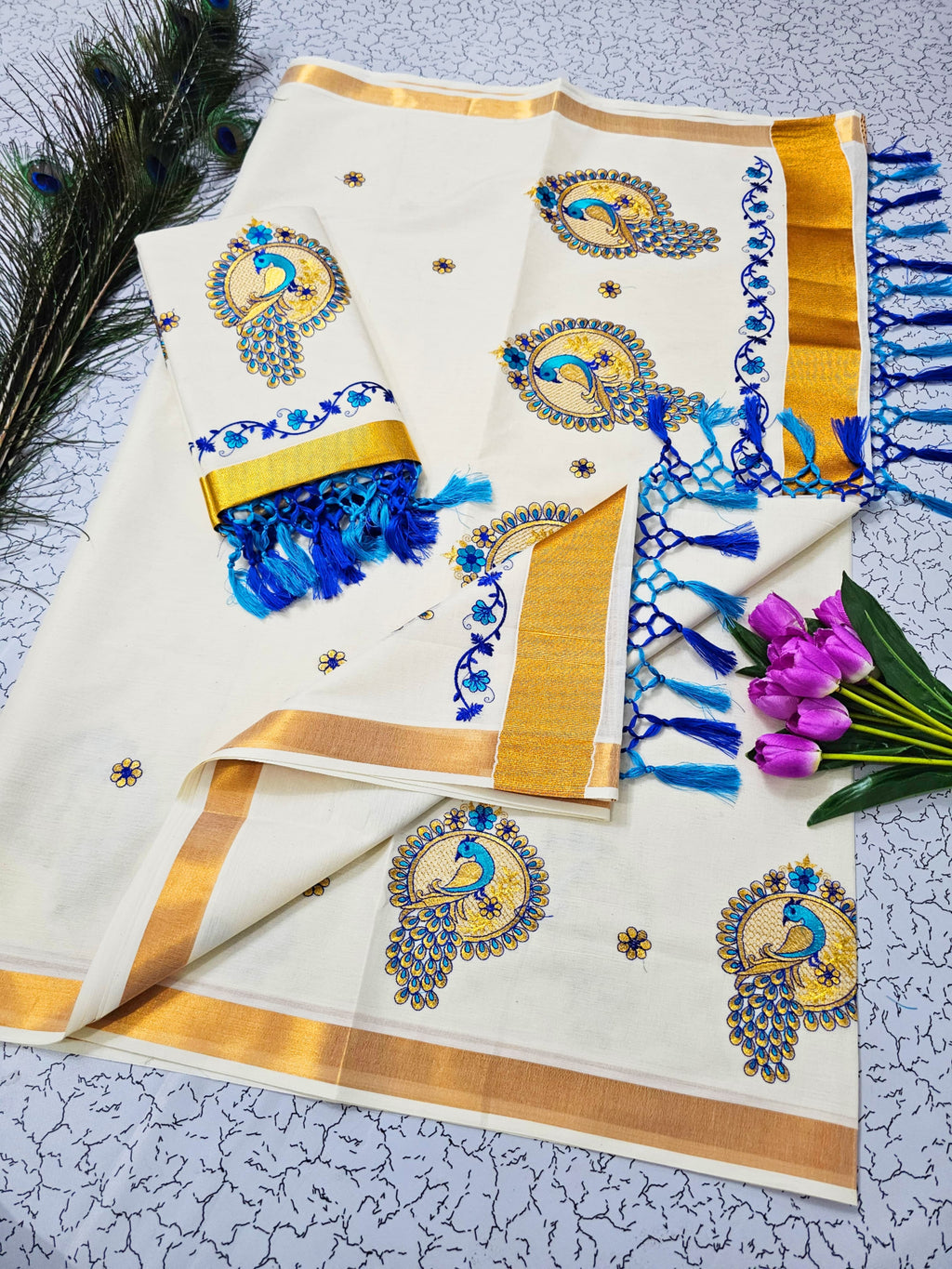 ONAM Special Kerala Kasavu Cotton Saree with Embroidery