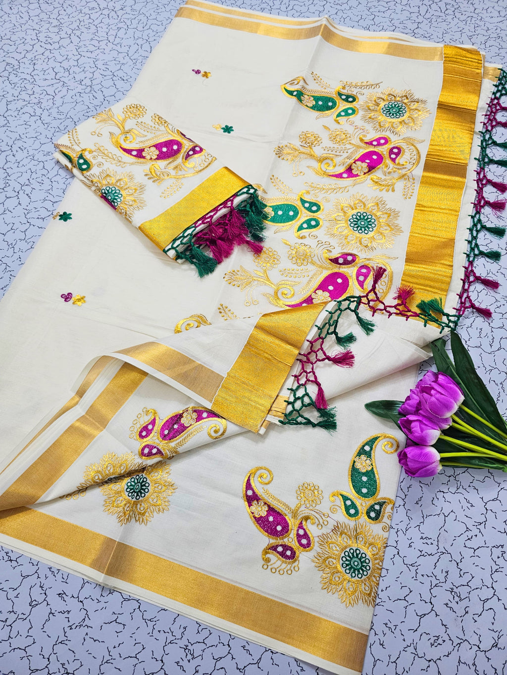 ONAM Special Kerala Kasavu Cotton Saree with Embroidery