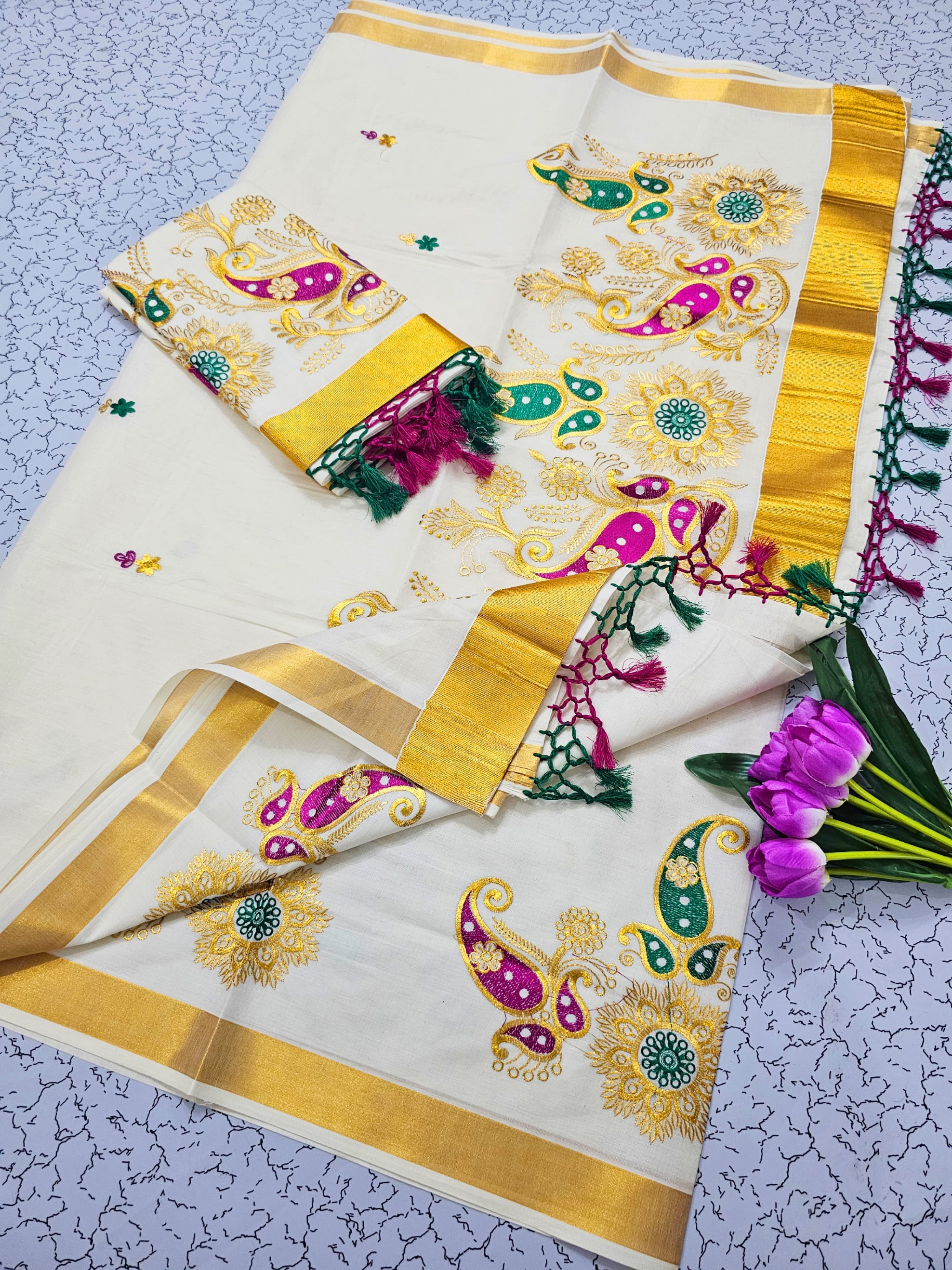 ONAM Special Kerala Kasavu Cotton Saree with Embroidery