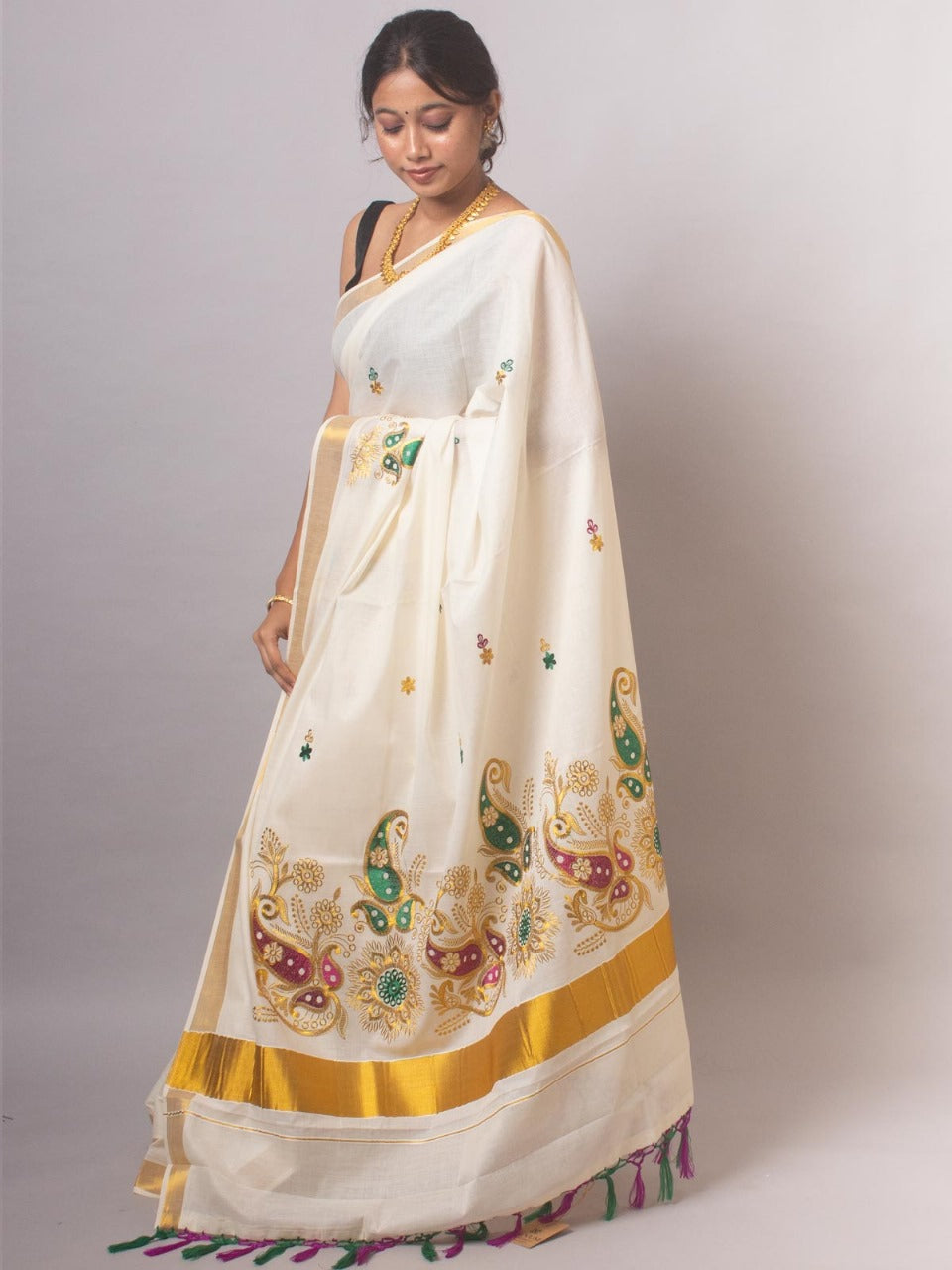 ONAM Special Kerala Kasavu Cotton Saree with Embroidery