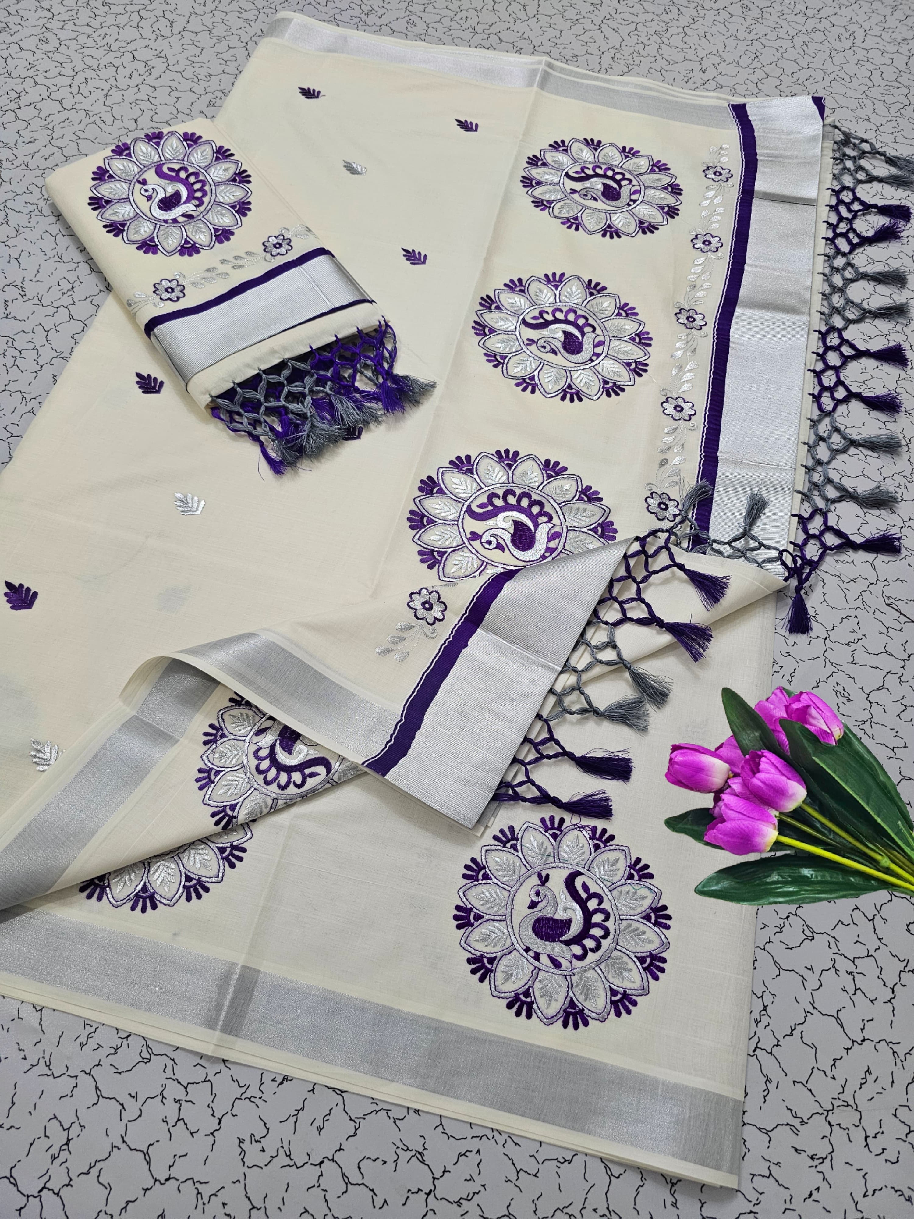 ONAM Special Kerala Kasavu Cotton Saree with Embroidery
