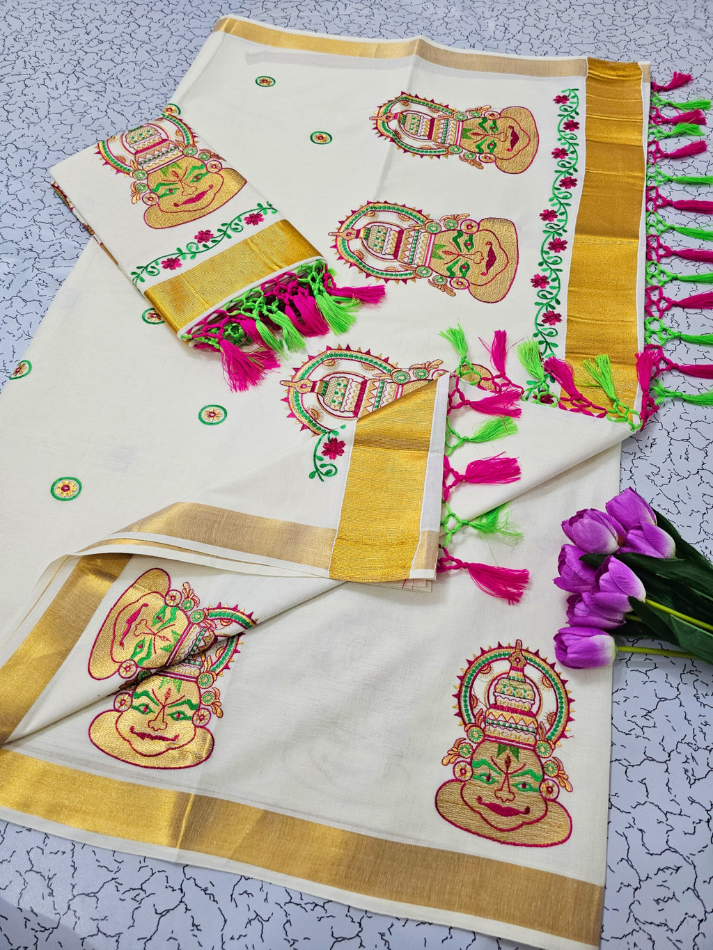 ONAM Special Kerala Kasavu Cotton Saree with Embroidery