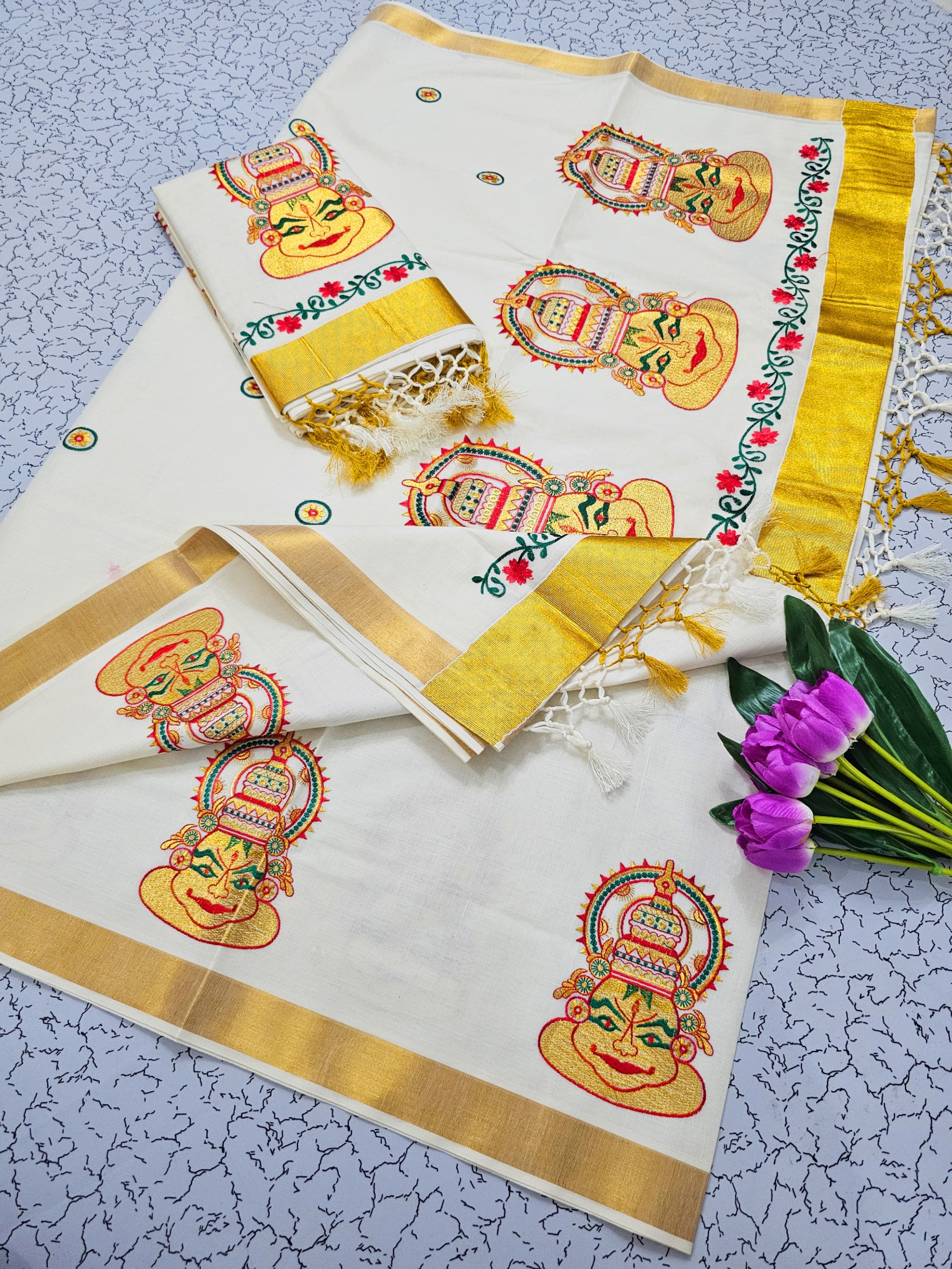 ONAM Special Kerala Kasavu Cotton Saree with Embroidery