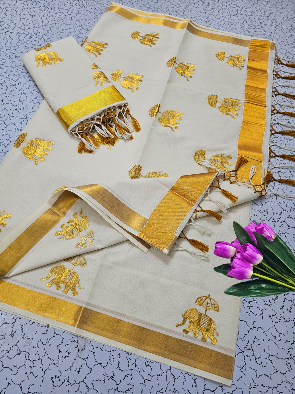 ONAM Special Kerala Kasavu Cotton Saree with Embroidery