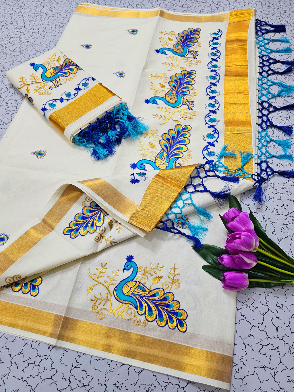 ONAM Special Kerala Kasavu Cotton Saree with Embroidery