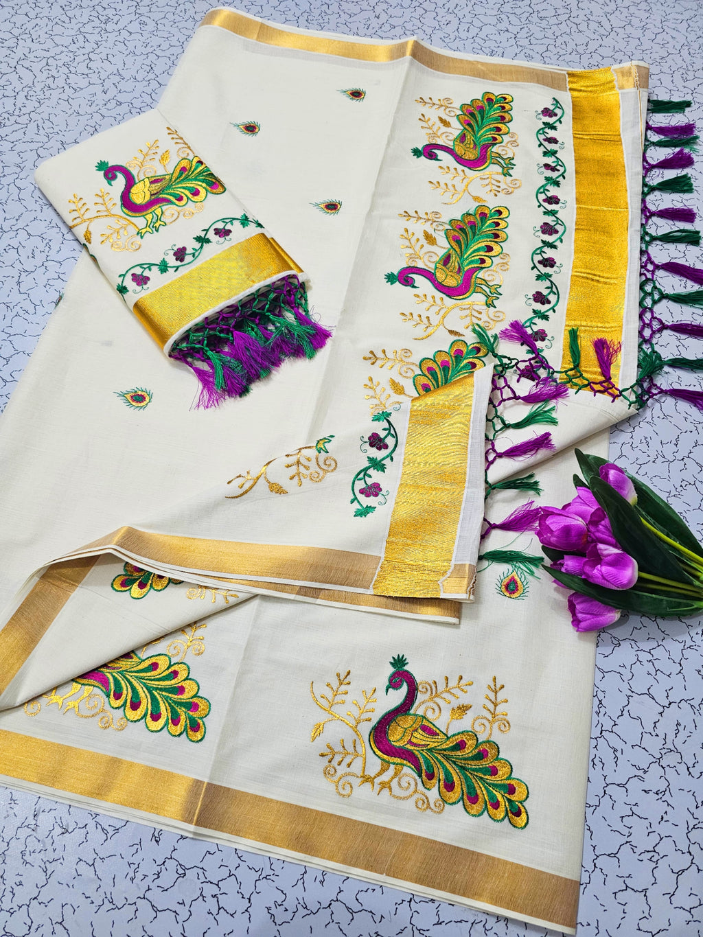 ONAM Special Kerala Kasavu Cotton Saree with Embroidery