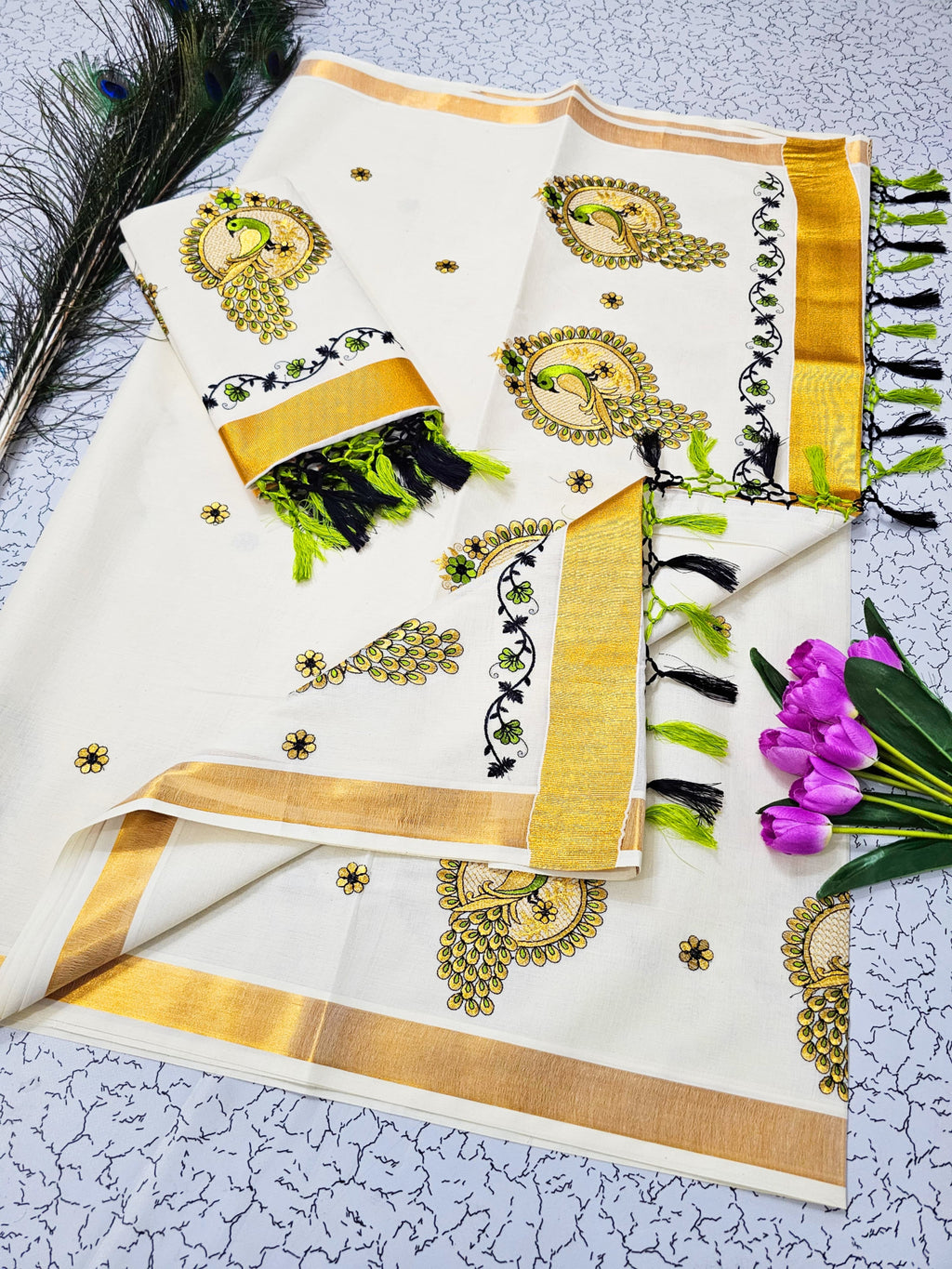 ONAM Special Kerala Kasavu Cotton Saree with Embroidery