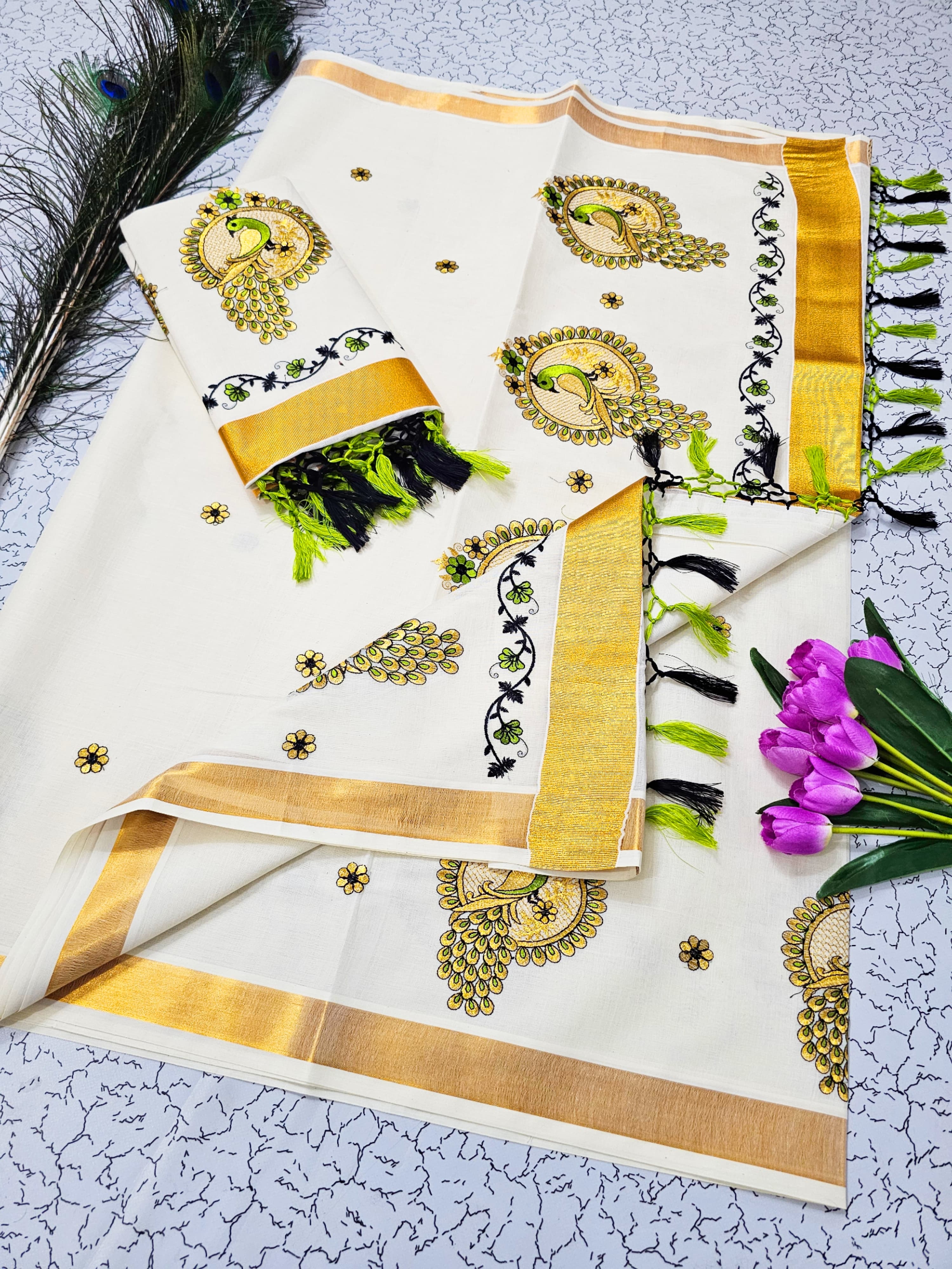 ONAM Special Kerala Kasavu Cotton Saree with Embroidery