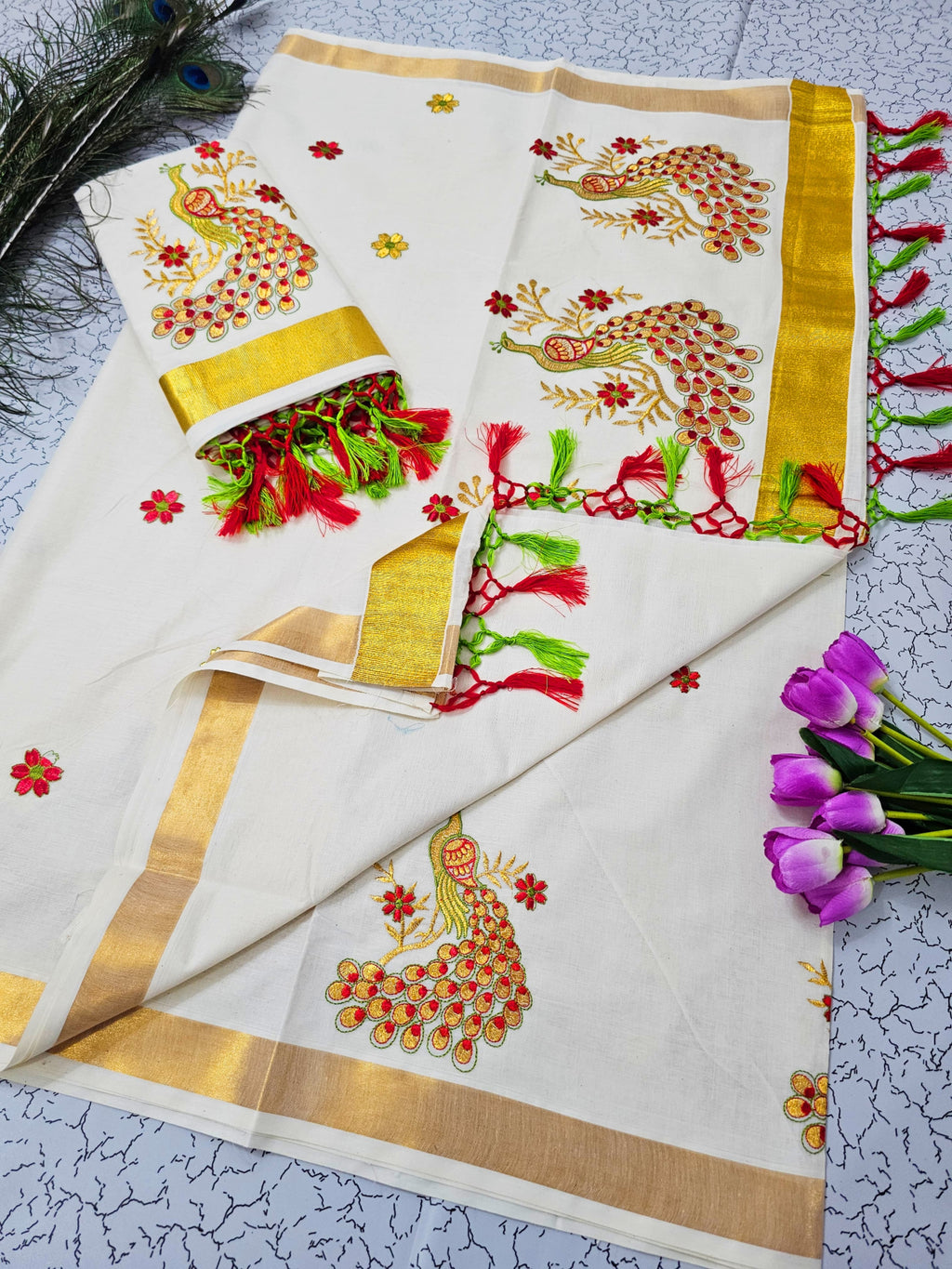 ONAM Special Kerala Kasavu Cotton Saree with Embroidery