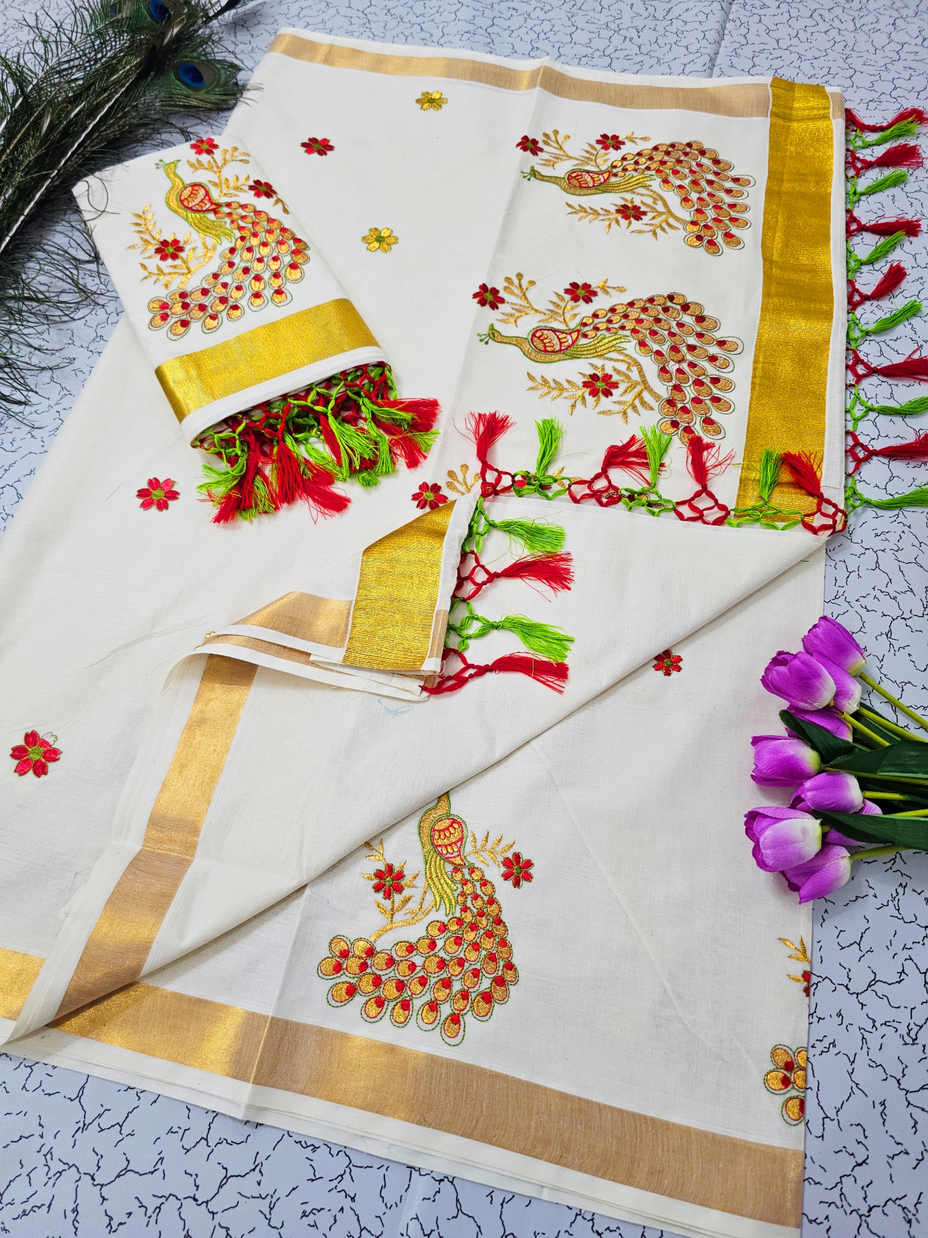 ONAM Special Kerala Kasavu Cotton Saree with Embroidery