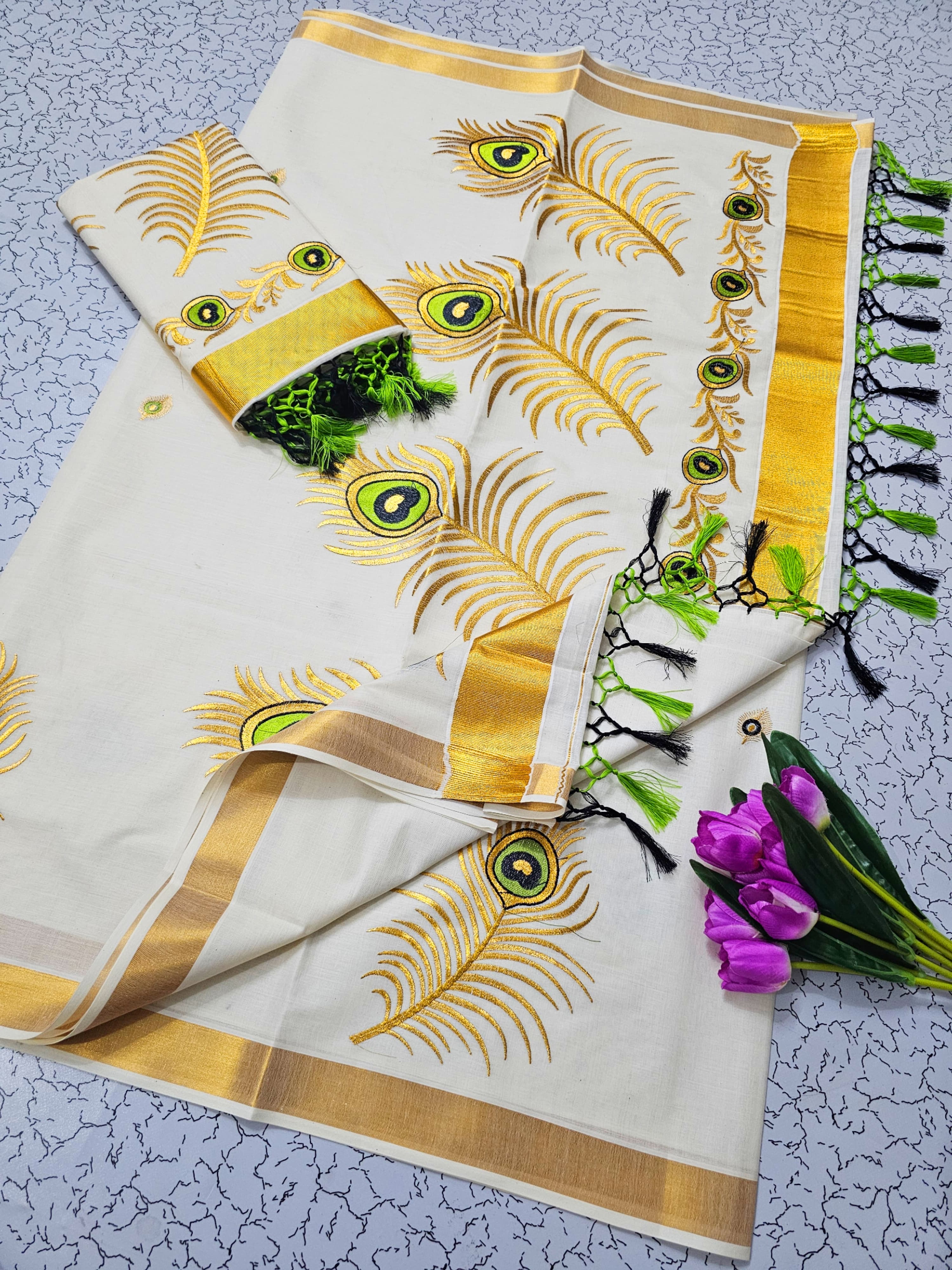 ONAM Special Kerala Kasavu Cotton Saree with Embroidery