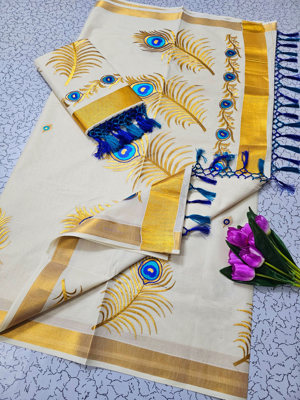 ONAM Special Kerala Kasavu Cotton Saree with Embroidery