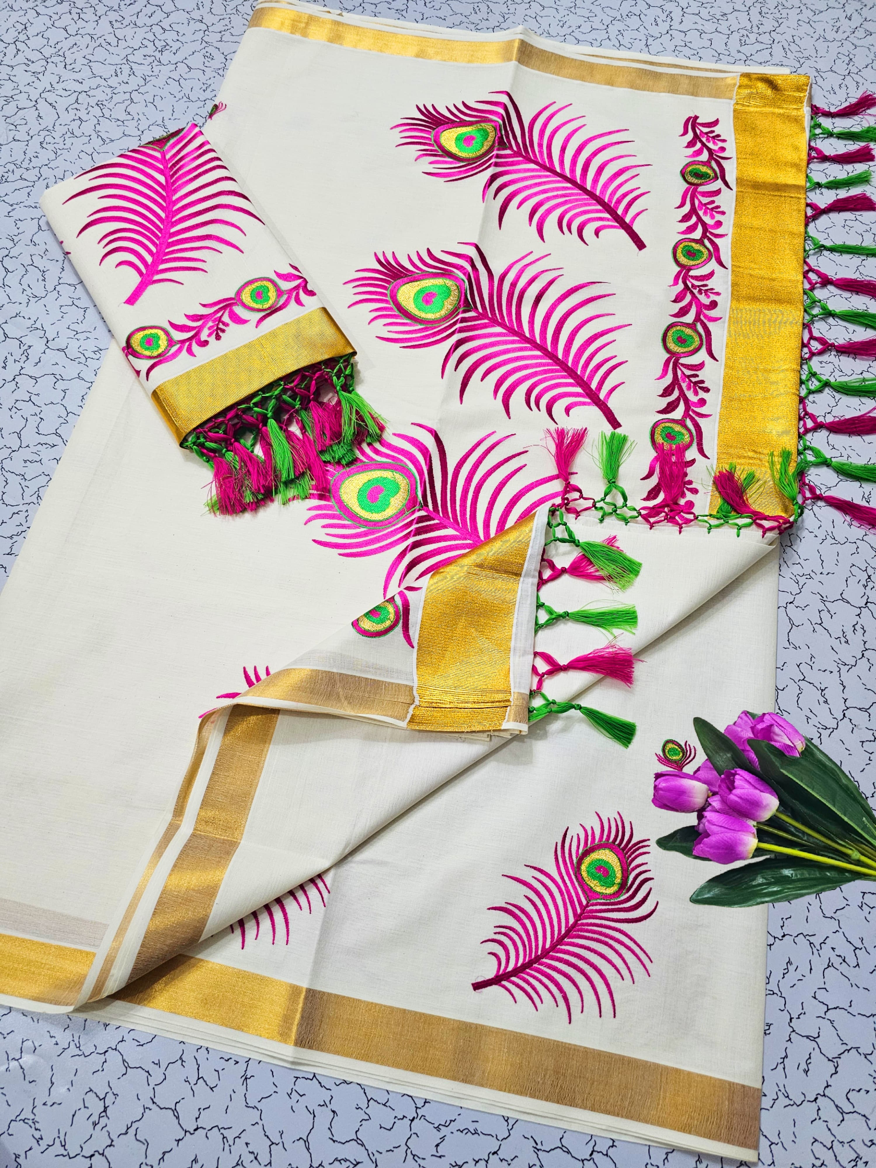 ONAM Special Kerala Kasavu Cotton Saree with Embroidery