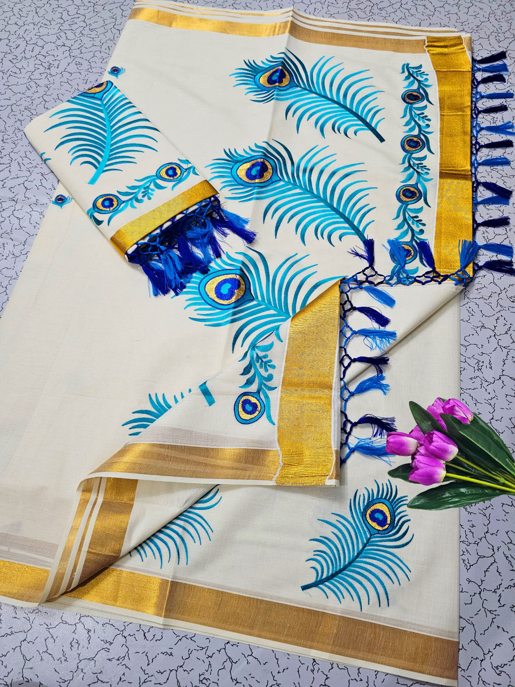 ONAM Special Kerala Kasavu Cotton Saree with Embroidery