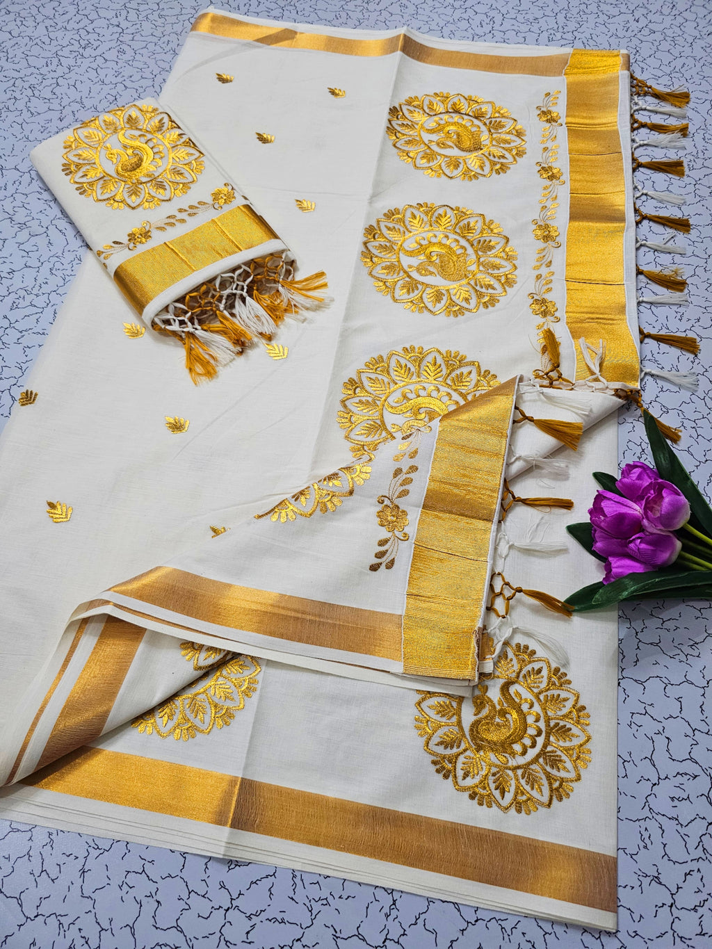 ONAM Special Kerala Kasavu Cotton Saree with Embroidery