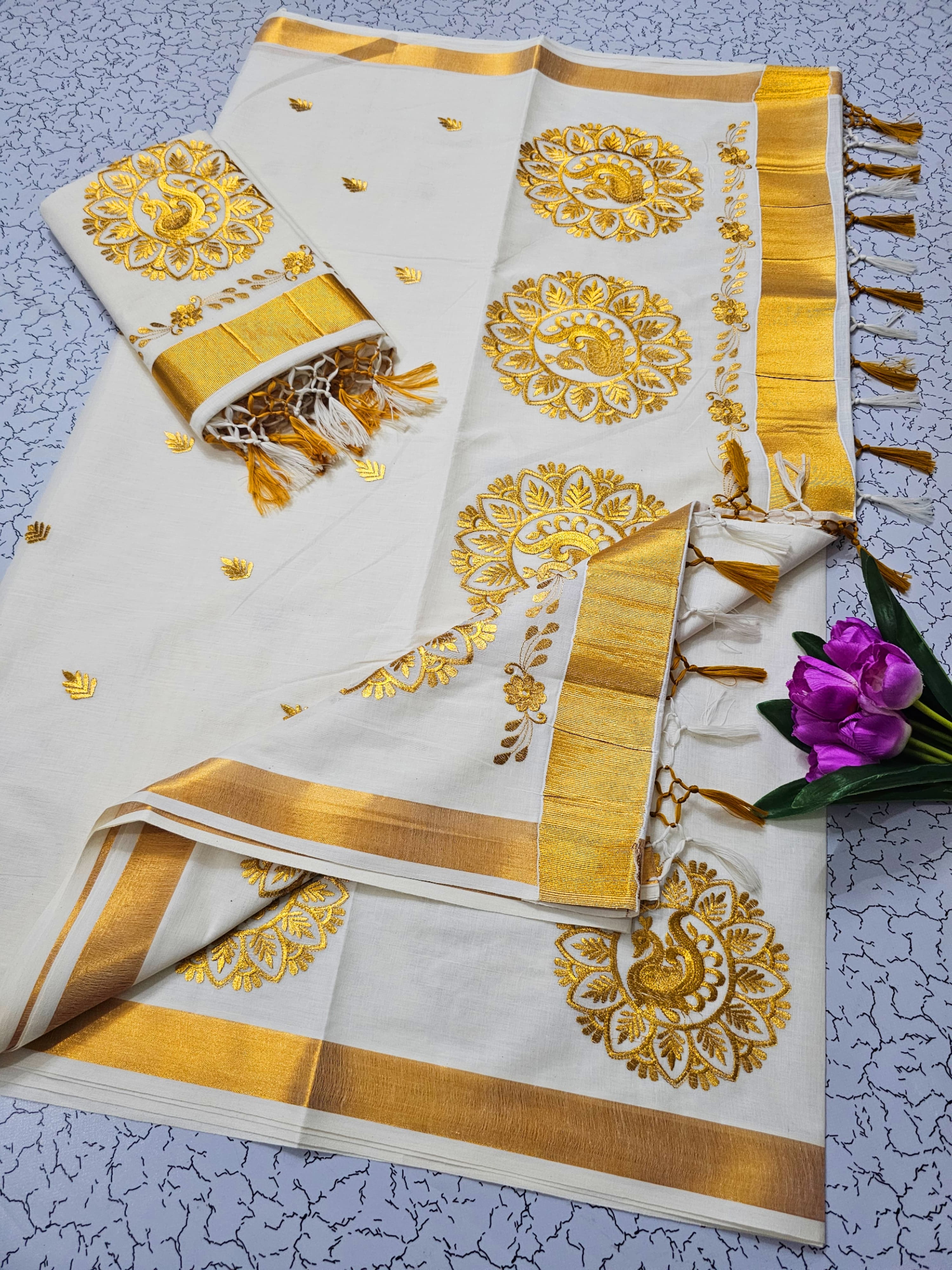 ONAM Special Kerala Kasavu Cotton Saree with Embroidery
