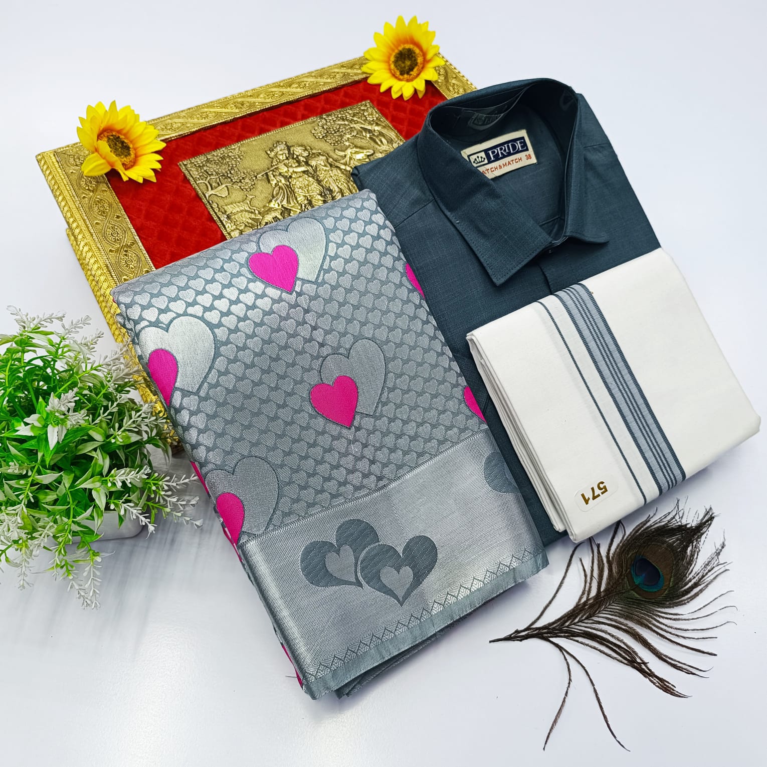 Ellampillai Bridal Pick & Pick Meena Design Silk Saree with Cotton Dhoti & Shirt Combo