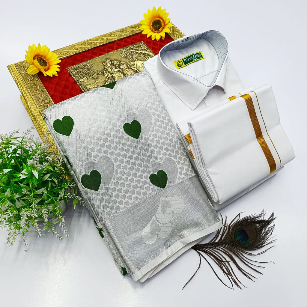 Ellampillai Bridal Pick & Pick Meena Design Silk Saree with Cotton Dhoti & Shirt Combo