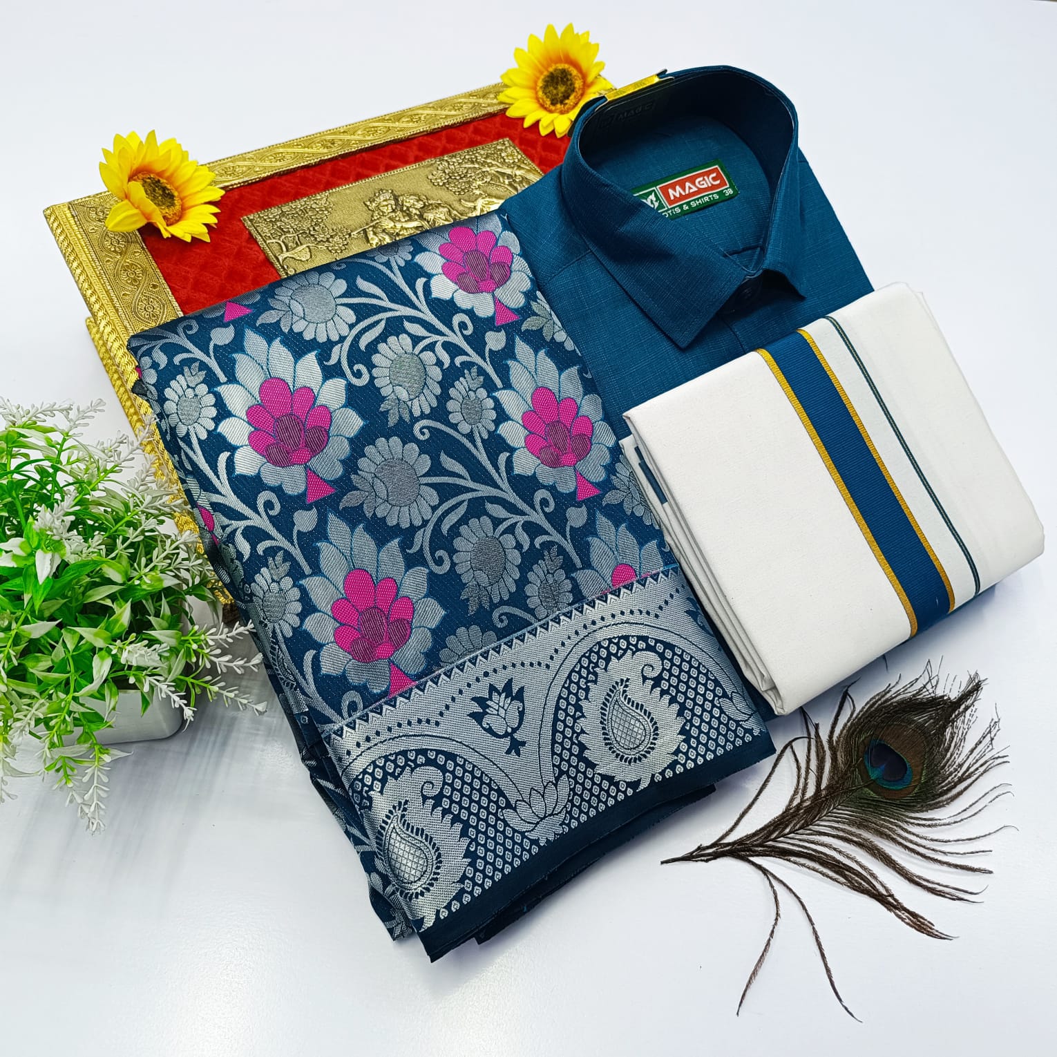 Ellampillai Bridal Pick & Pick Meena Design Silk Saree with Cotton Dhoti & Shirt Combo