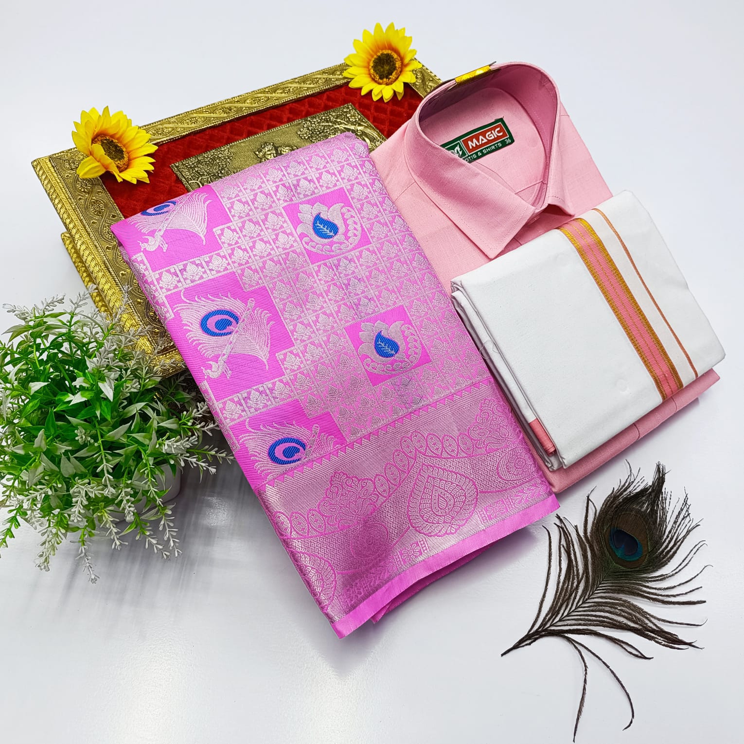 Ellampillai Bridal Pick & Pick Meena Design Silk Saree with Cotton Dhoti & Shirt Combo