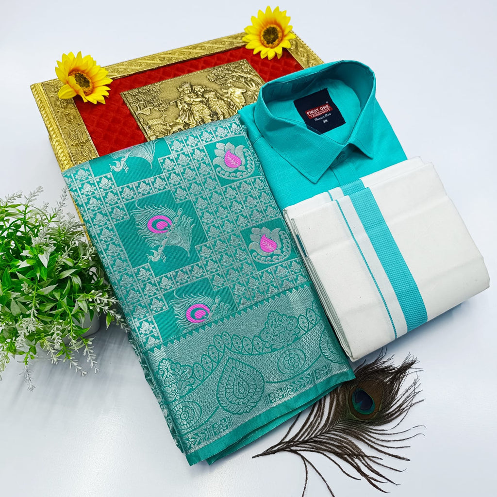 Ellampillai Bridal Pick & Pick Meena Design Silk Saree with Cotton Dhoti & Shirt Combo