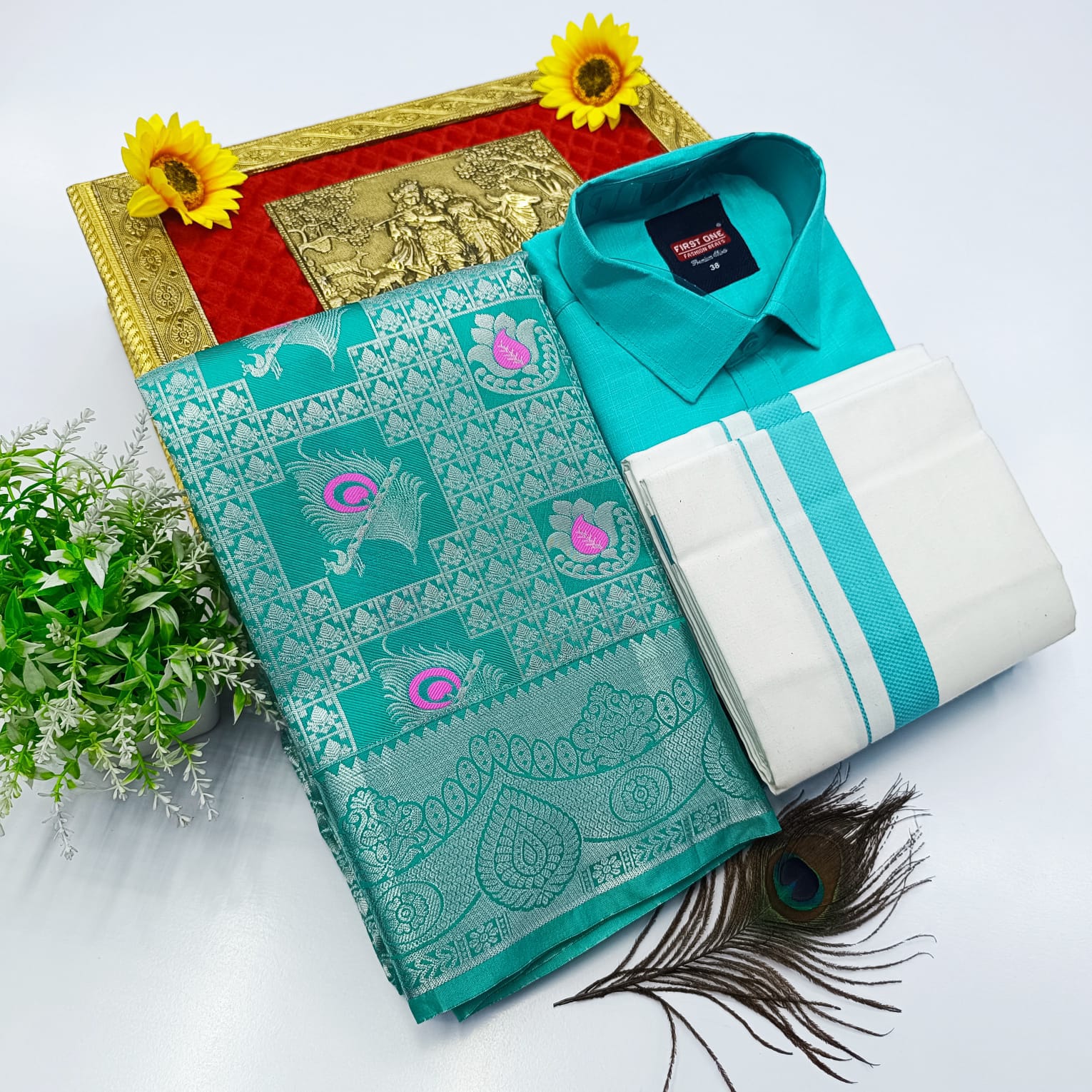Ellampillai Bridal Pick & Pick Meena Design Silk Saree with Cotton Dhoti & Shirt Combo