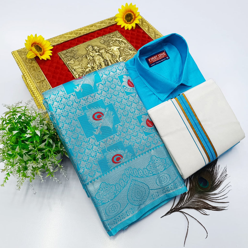 Ellampillai Bridal Pick & Pick Meena Design Silk Saree with Cotton Dhoti & Shirt Combo