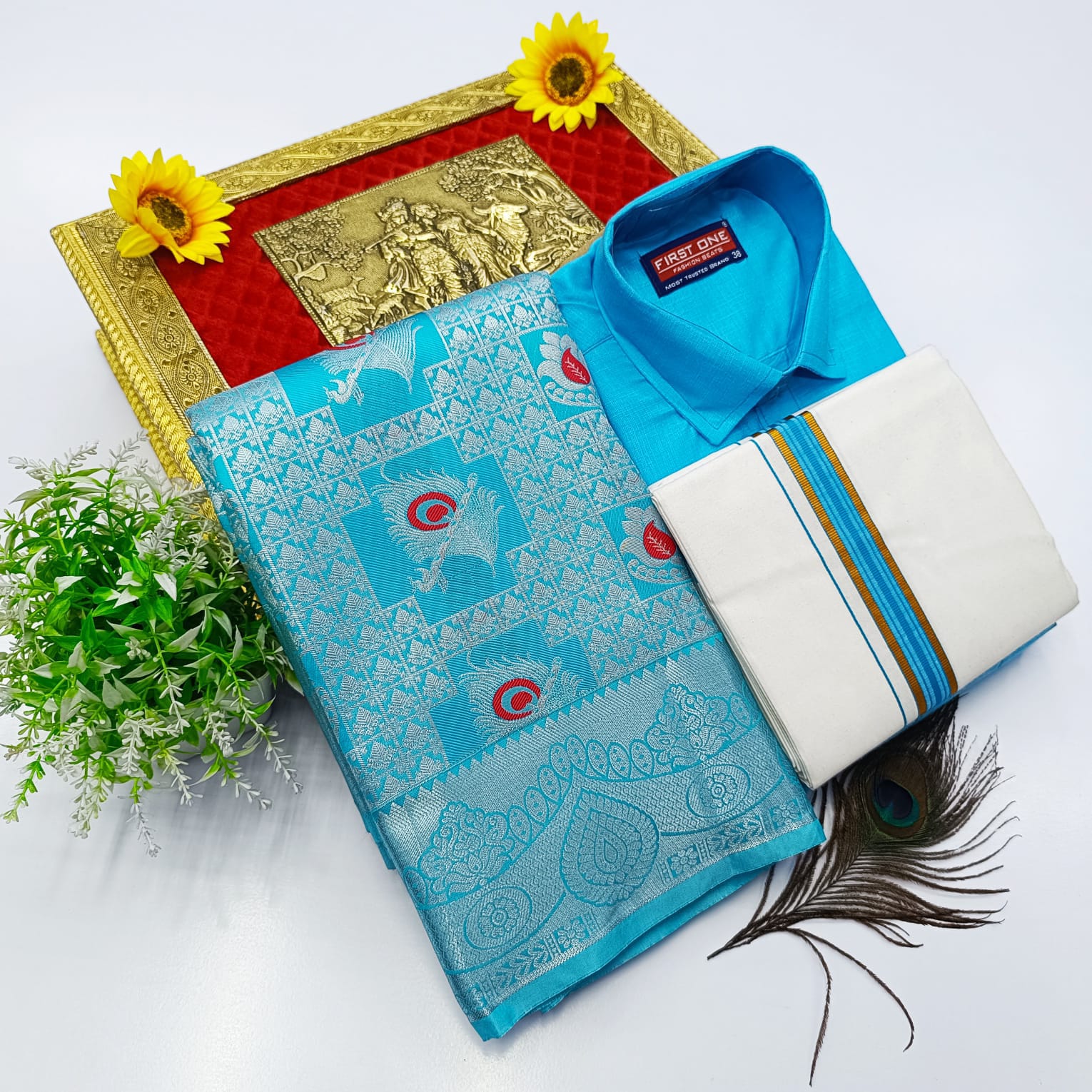 Ellampillai Bridal Pick & Pick Meena Design Silk Saree with Cotton Dhoti & Shirt Combo