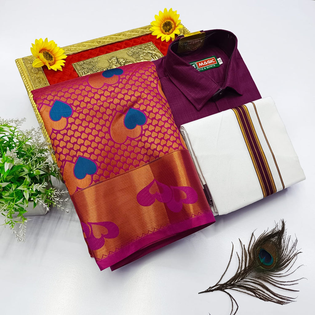 Ellampillai Bridal Pick & Pick Meena Design Silk Saree with Cotton Dhoti & Shirt Combo