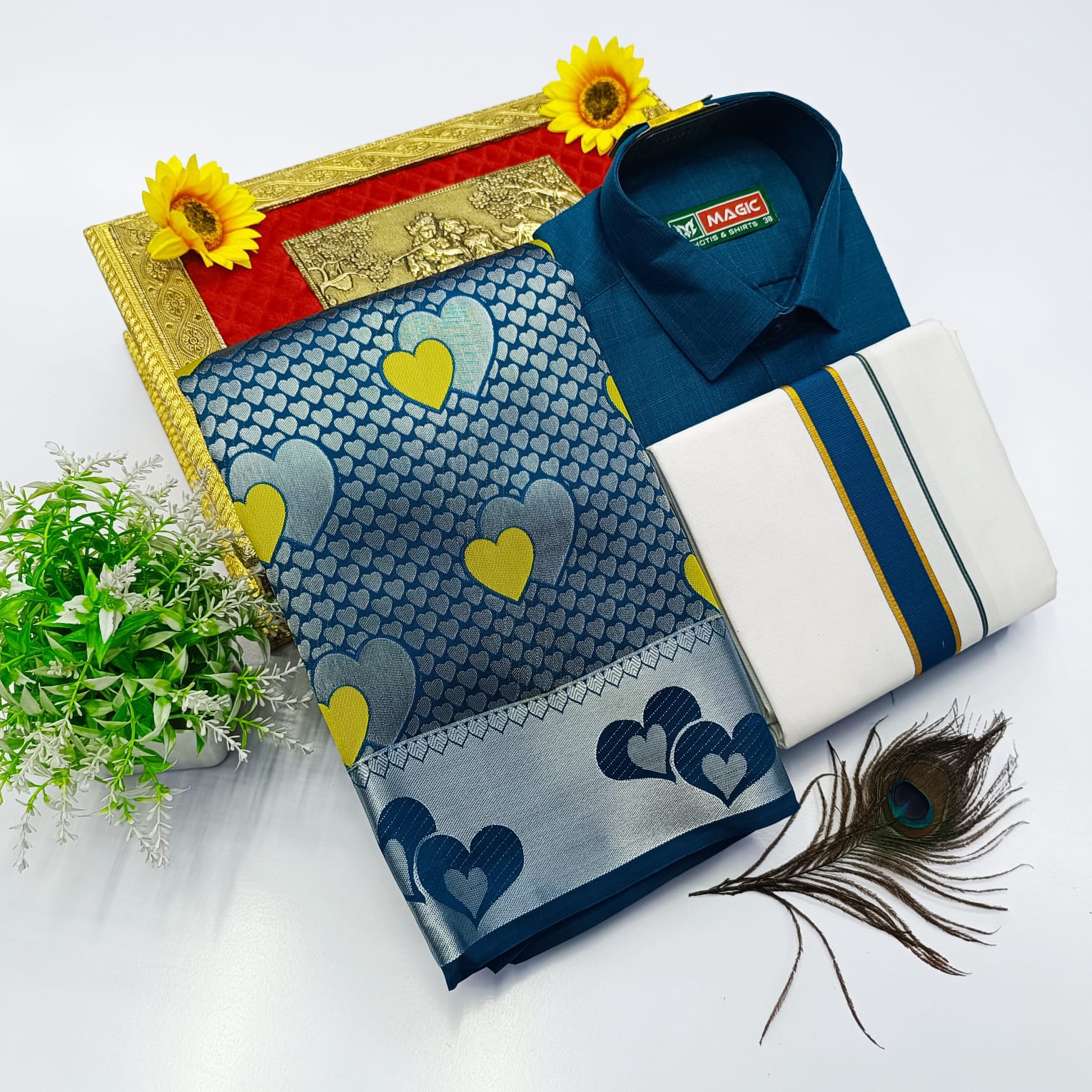 Ellampillai Bridal Pick & Pick Meena Design Silk Saree with Cotton Dhoti & Shirt Combo