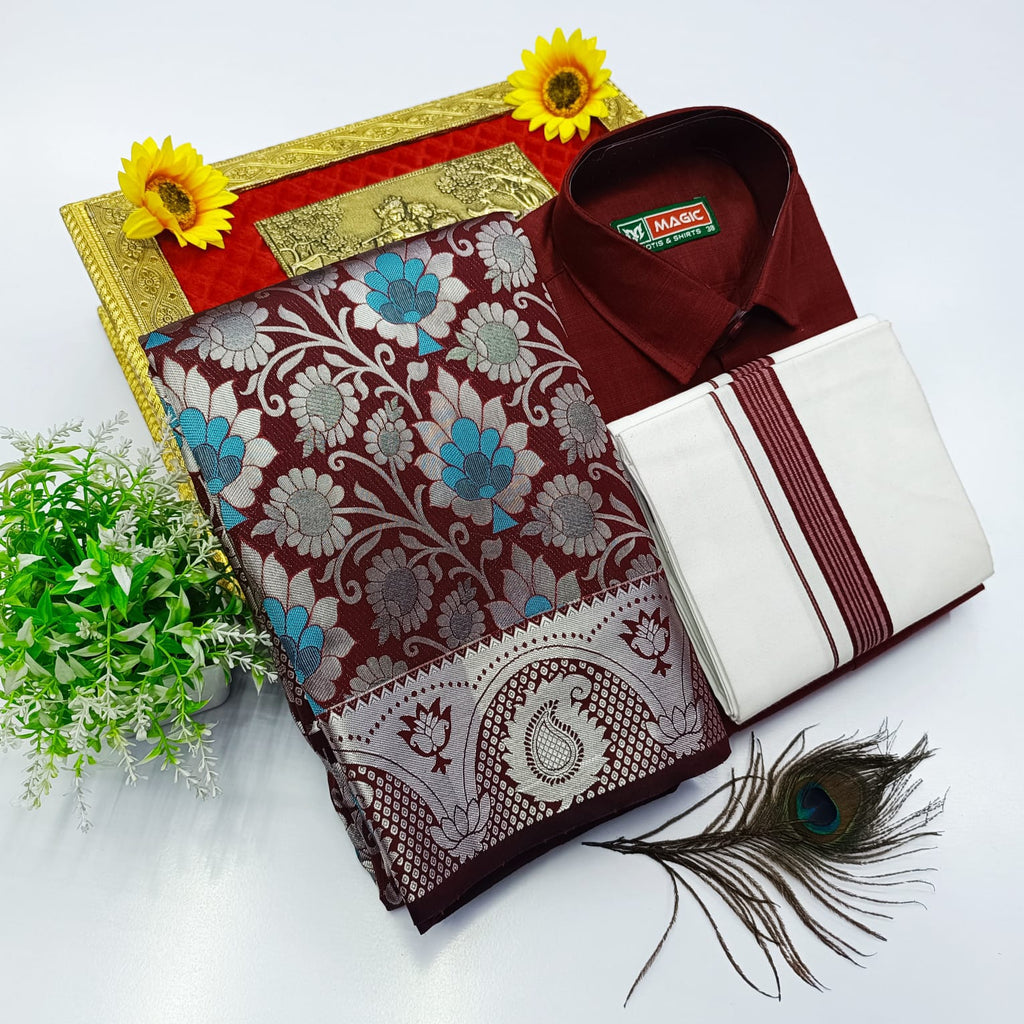 Ellampillai Bridal Pick & Pick Meena Design Silk Saree with Cotton Dhoti & Shirt Combo