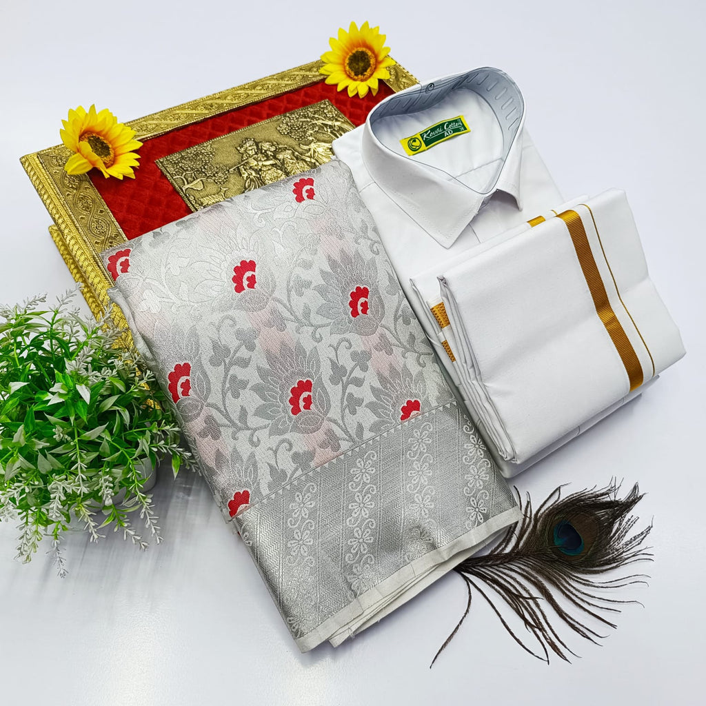 Ellampillai Bridal Pick & Pick Meena Design Silk Saree with Cotton Dhoti & Shirt Combo