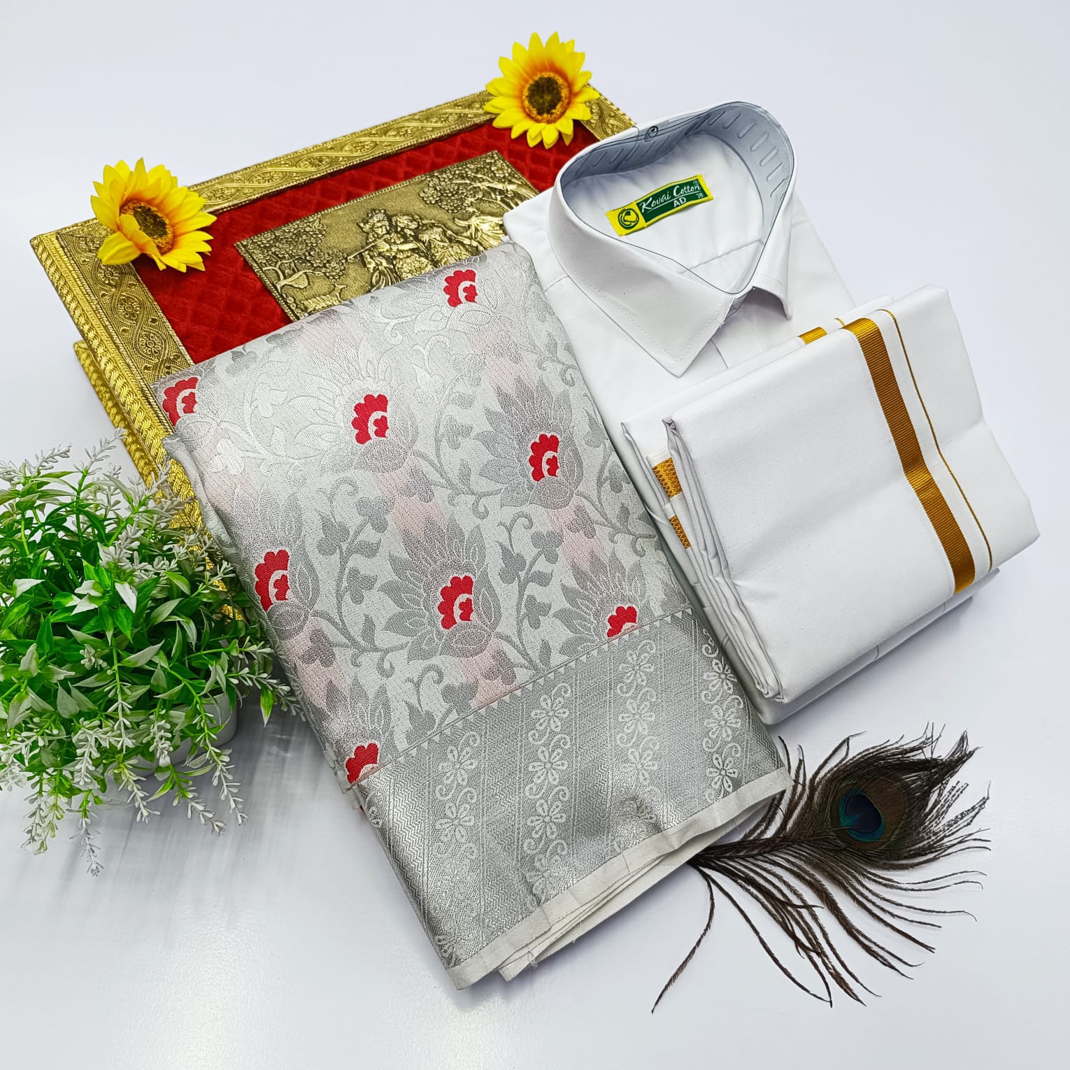 Ellampillai Bridal Pick & Pick Meena Design Silk Saree with Cotton Dhoti & Shirt Combo