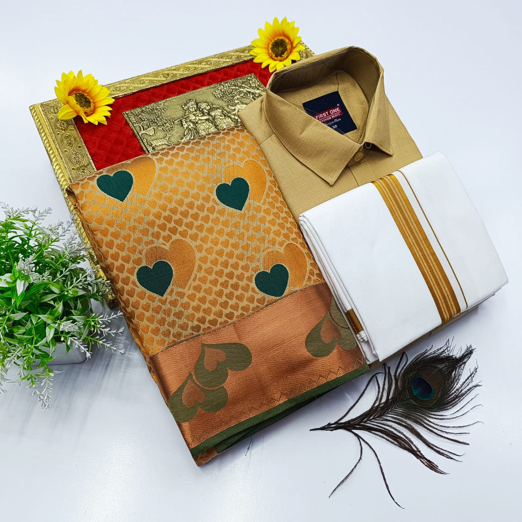 Ellampillai Bridal Pick & Pick Meena Design Silk Saree with Cotton Dhoti & Shirt Combo
