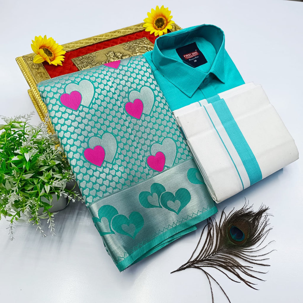 Ellampillai Bridal Pick & Pick Meena Design Silk Saree with Cotton Dhoti & Shirt Combo