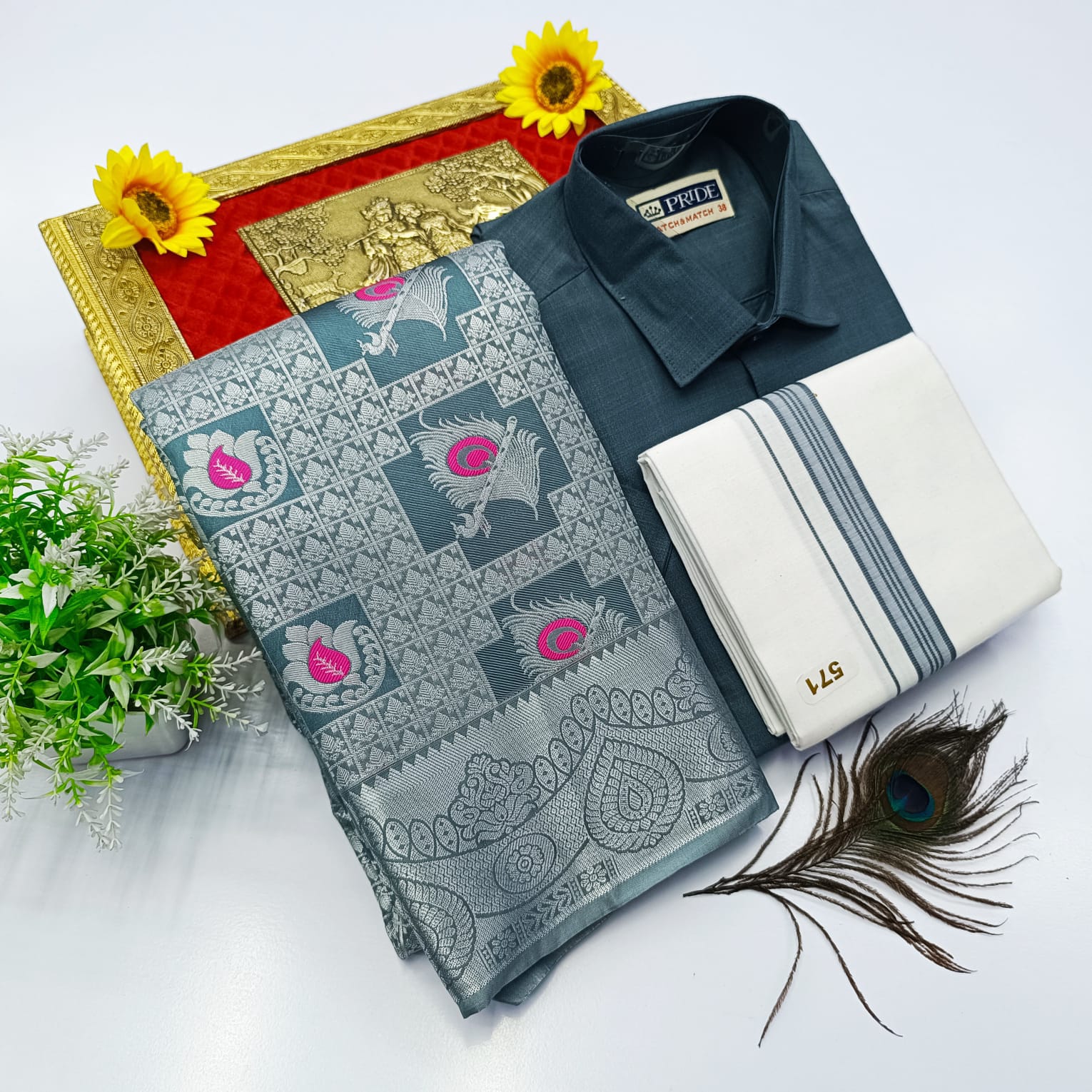Ellampillai Bridal Pick & Pick Meena Design Silk Saree with Cotton Dhoti & Shirt Combo