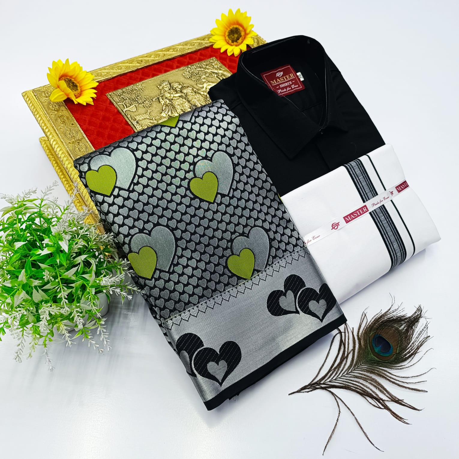 Ellampillai Bridal Pick & Pick Meena Design Silk Saree with Cotton Dhoti & Shirt Combo