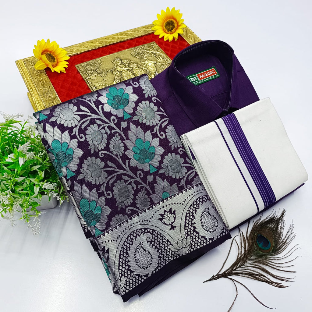 Ellampillai Bridal Pick & Pick Meena Design Silk Saree with Cotton Dhoti & Shirt Combo