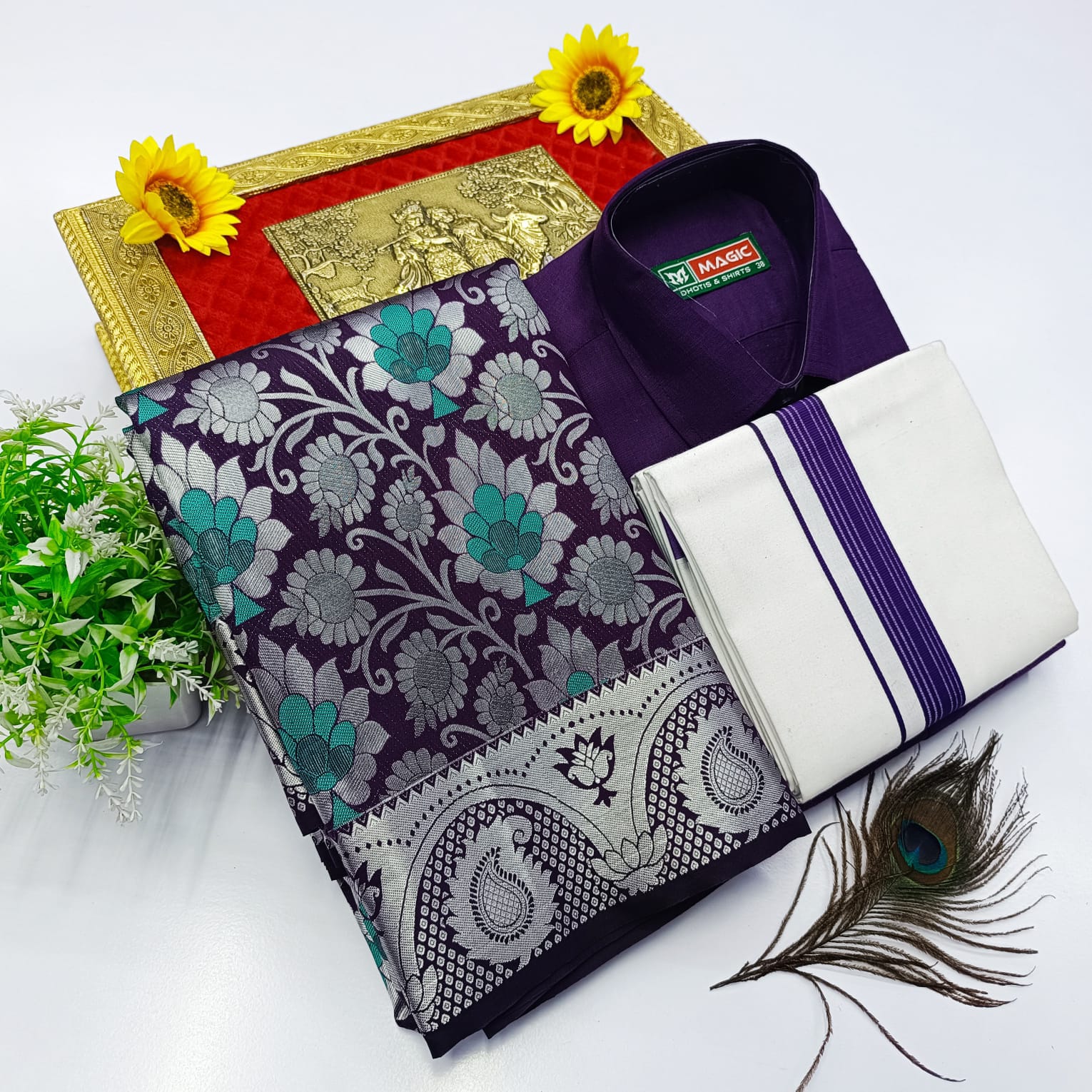 Ellampillai Bridal Pick & Pick Meena Design Silk Saree with Cotton Dhoti & Shirt Combo
